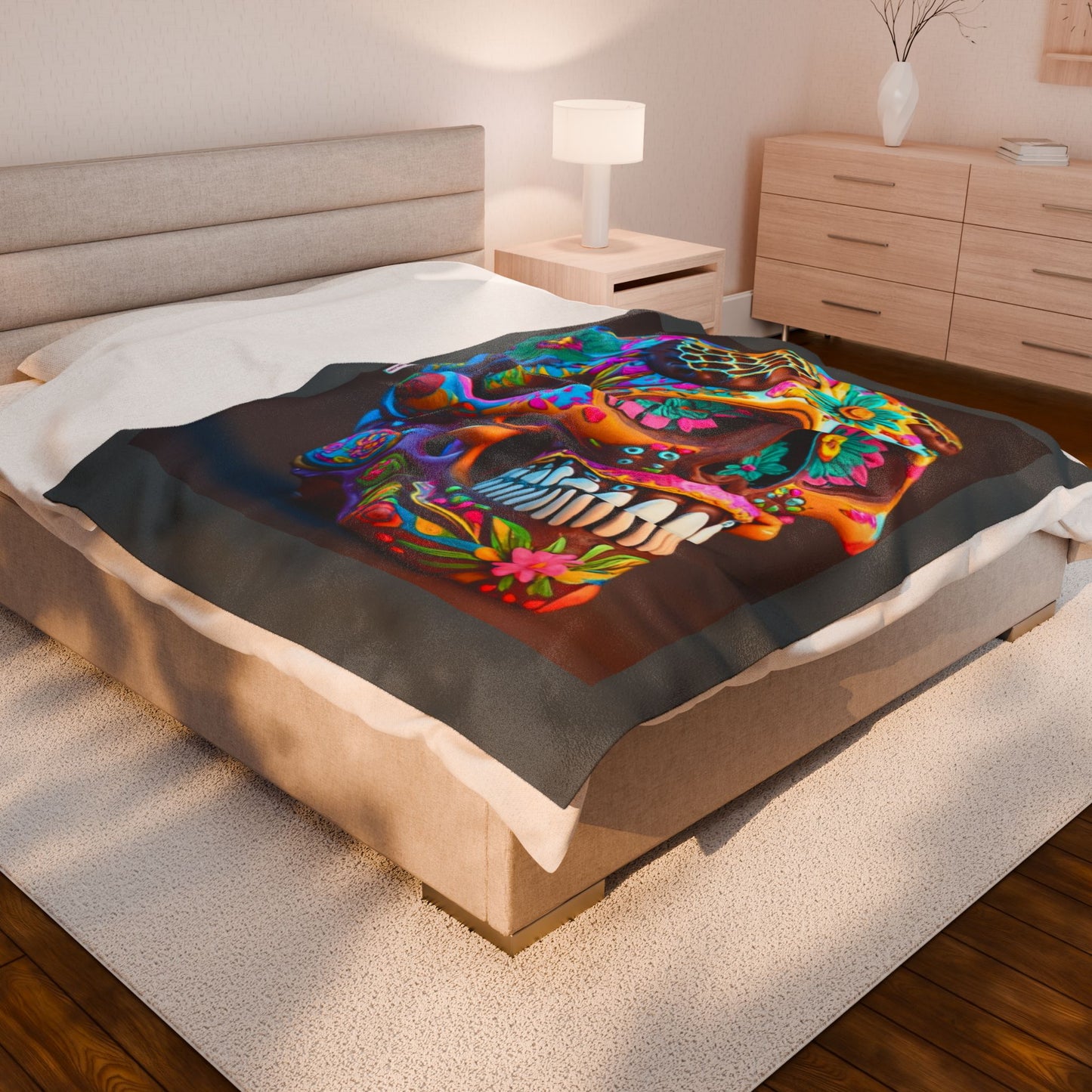 Colorful Sugar Skull Velveteen Plush Blanket — Day of the Dead Decor & Cozy Throw