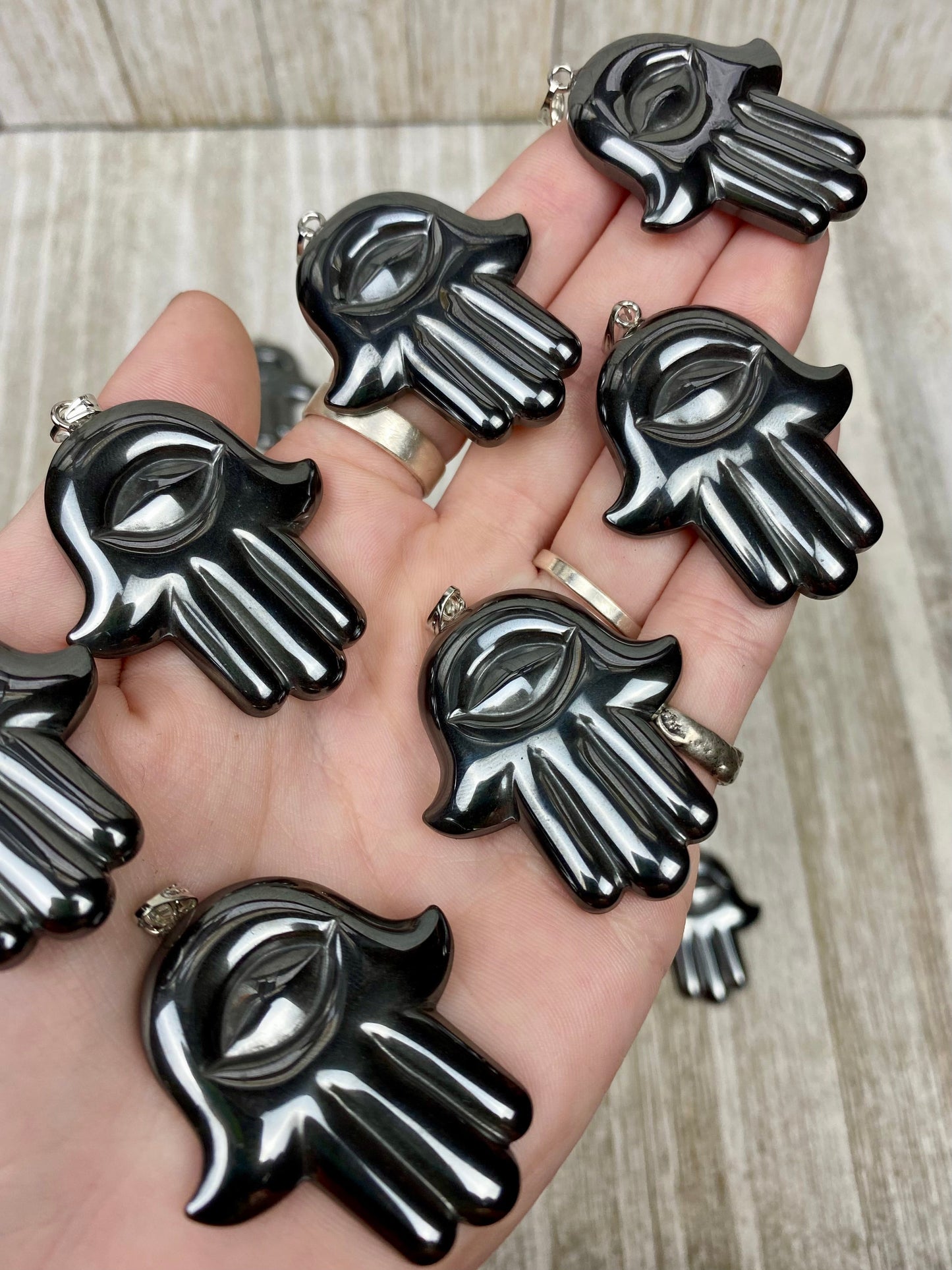 Hematite Hamsa Pendant