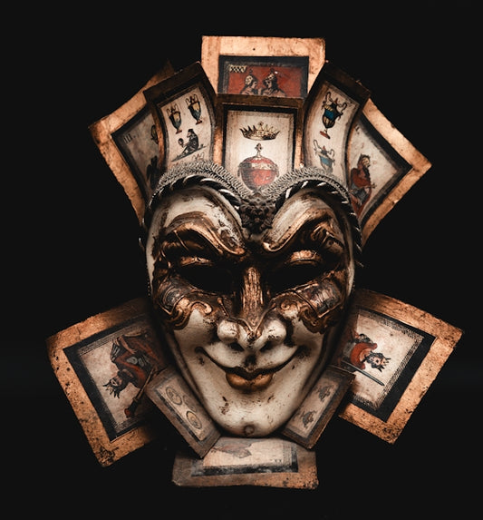 a close up of a mask on a black background