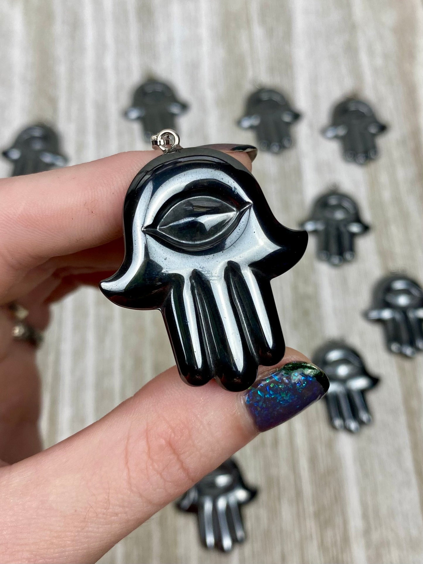 Hematite Hamsa Pendant