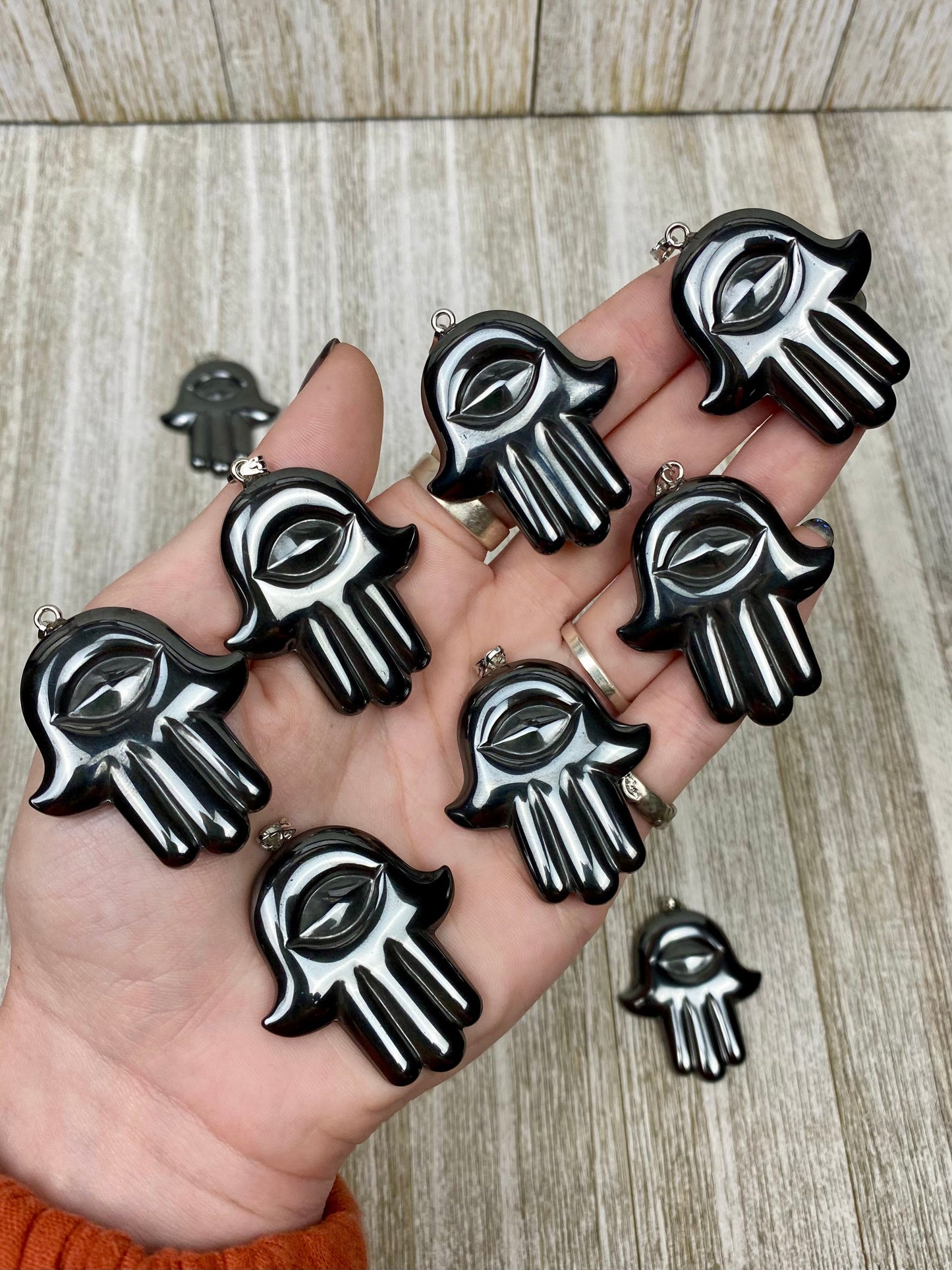 Hematite Hamsa Pendant