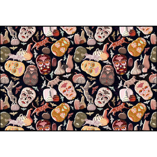 Colorful Day of the Dead Skull on black background, Bohemian Cotton Pima Fabric, Day of the Dead Decor, Ethnic Home Decor, Halloween Tapestry, Unique Gift Idea