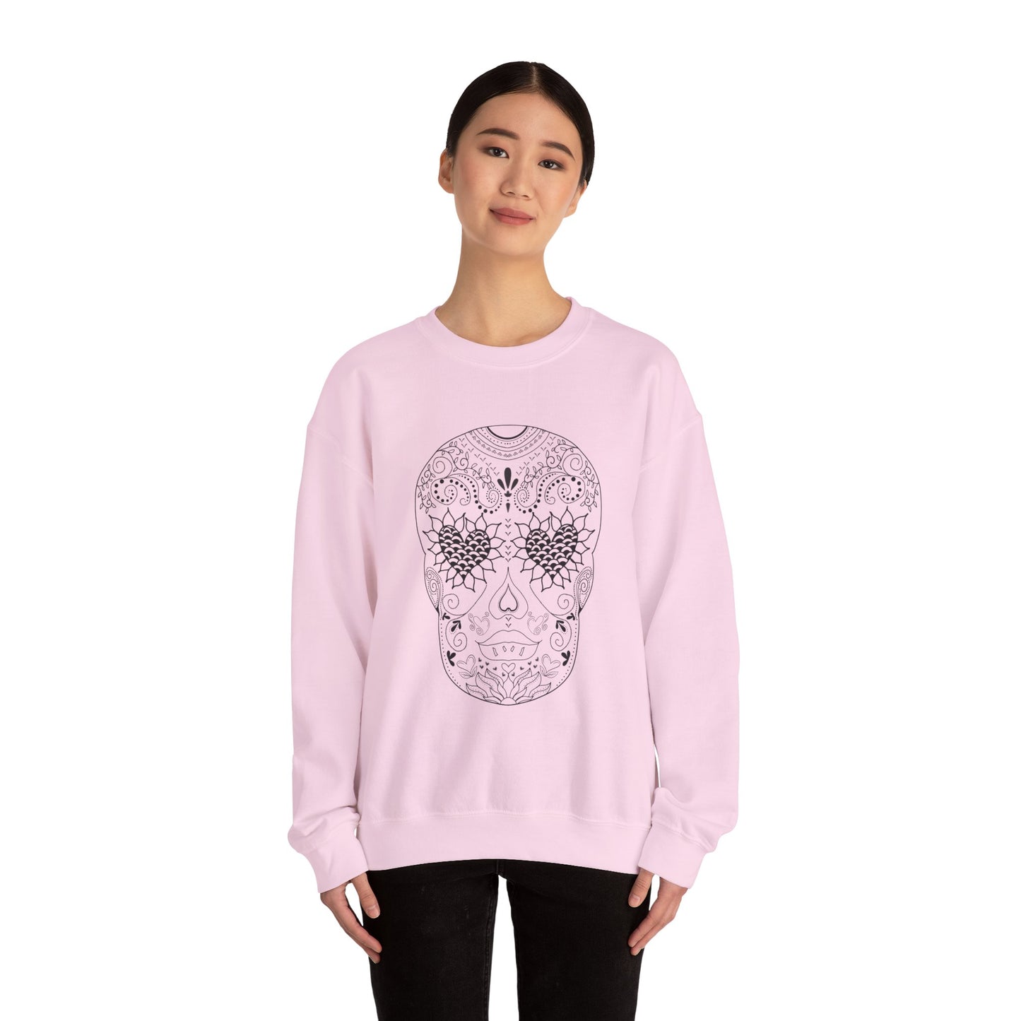 Skull Design Black line original art by Leah Quinn - Unisex Heavy Blend™ Crewneck Sweatshirt Sizes S-5X - Great gifts for the Season
