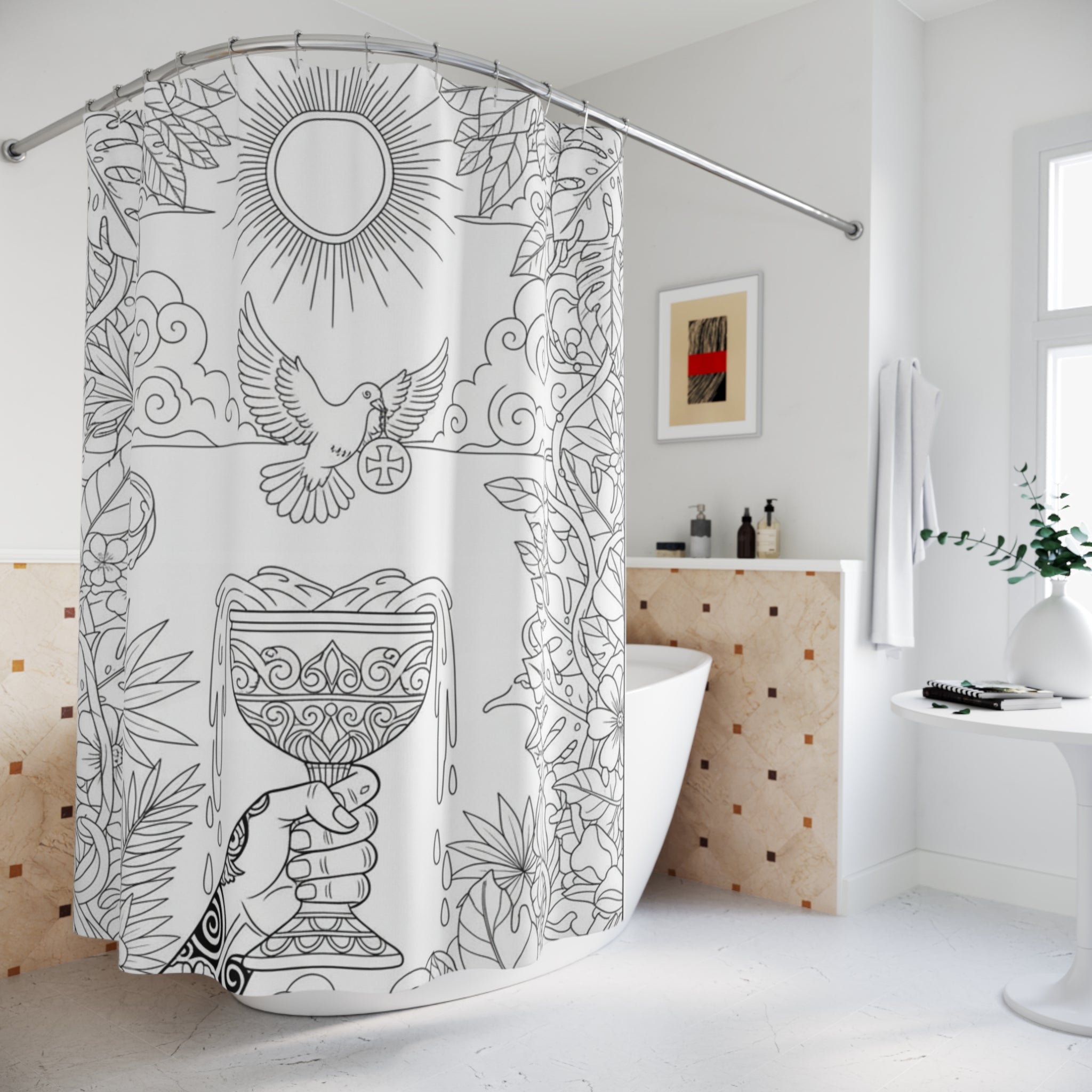 Ace of Cups Tarot-Style Chalice & Dove Shower Curtain — Boho Spiritual Color-Your-Own Shower Curtain