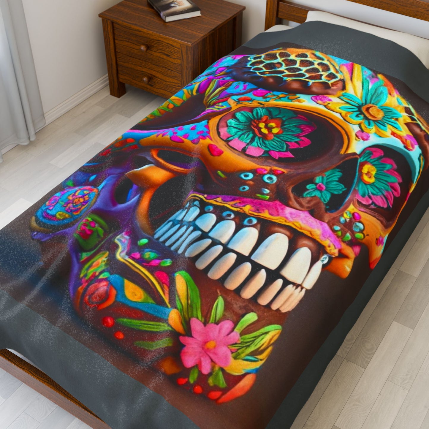 Colorful Sugar Skull Velveteen Plush Blanket — Day of the Dead Decor & Cozy Throw