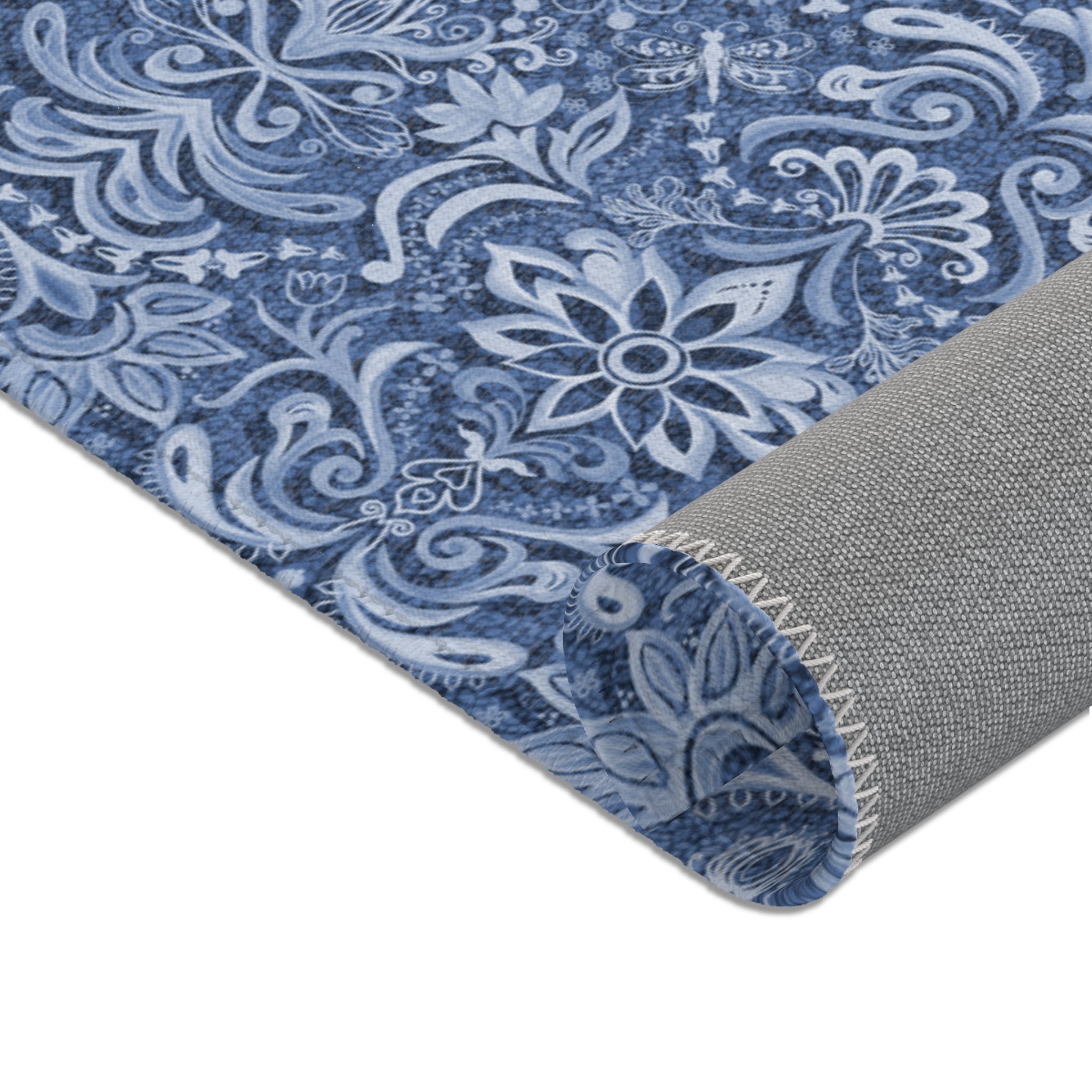 Vintage Brocade Blue Floral Butterfly Area Rug — Distressed Ornamental Accent Rug for Living Room & Bedroom
