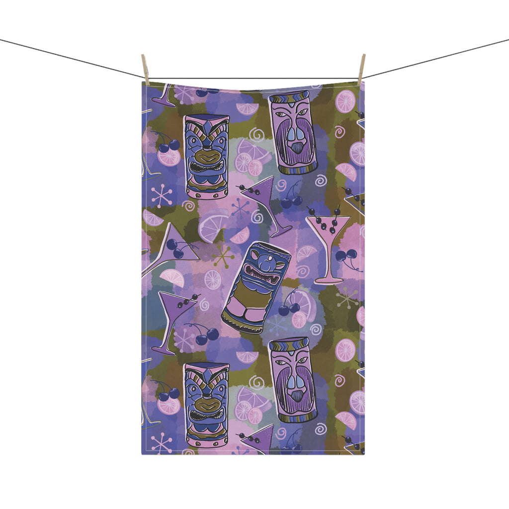 Kitschy Tiki Bar Tea Towel — Mid-Century in Grape and Sage Kitchen Dish Towel