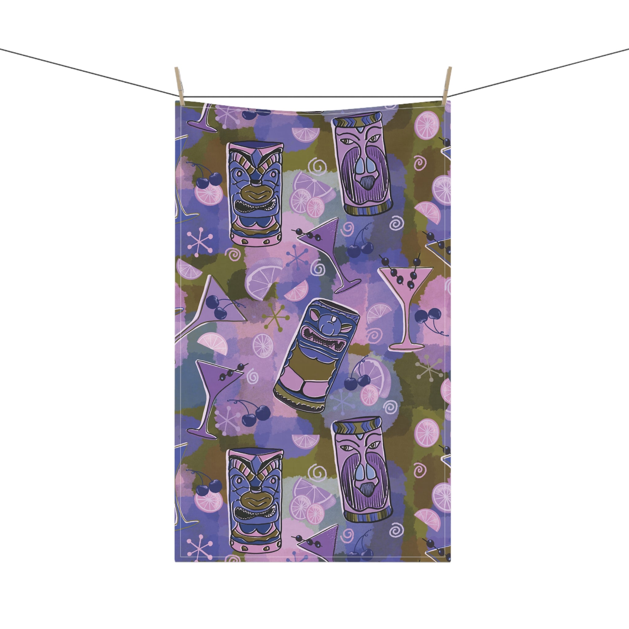 Kitschy Tiki Bar Tea Towel — Mid-Century in Grape and Sage Kitchen Dish Towel