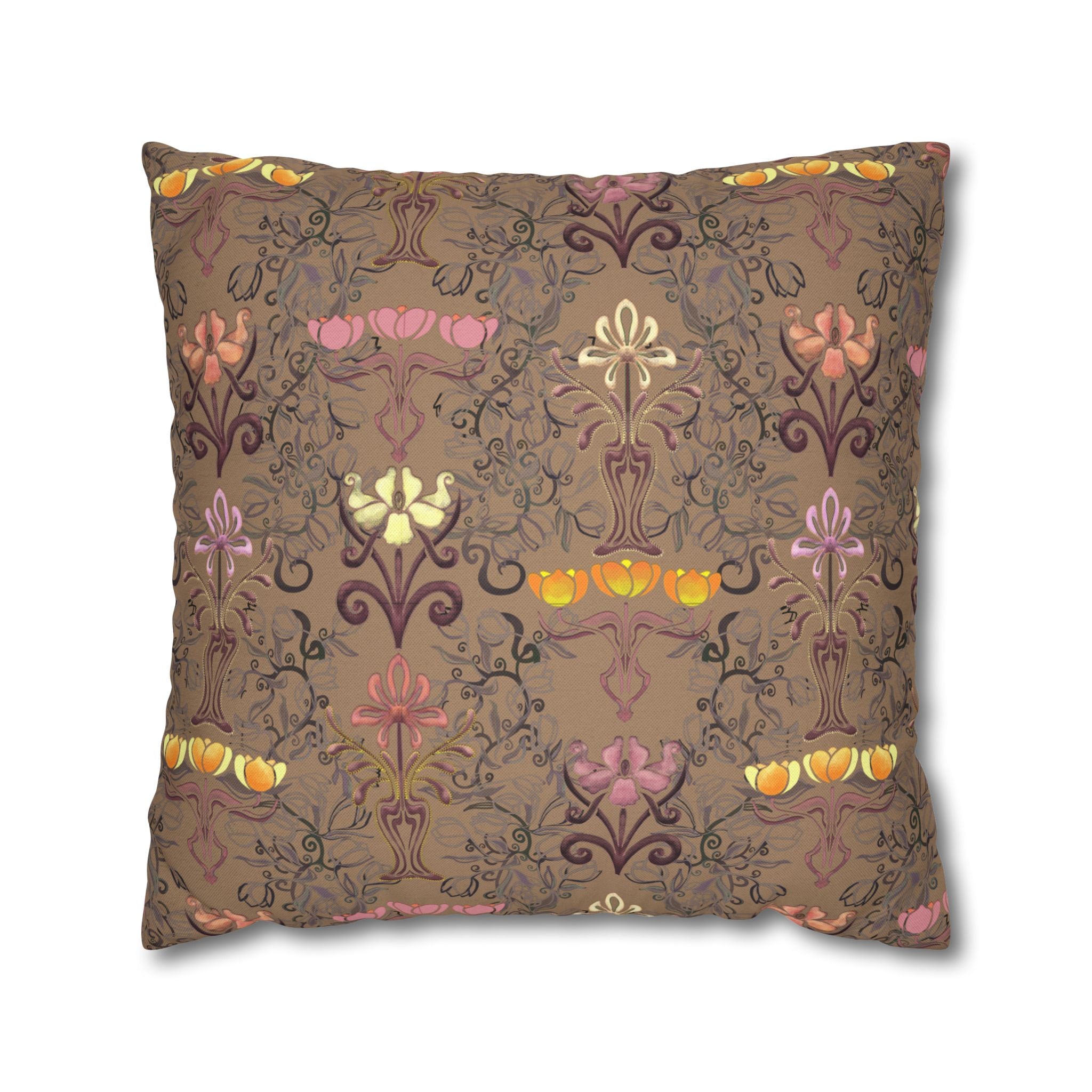 Warm Yellow Ornate Floral Tulips Decorative Square Pillowcase