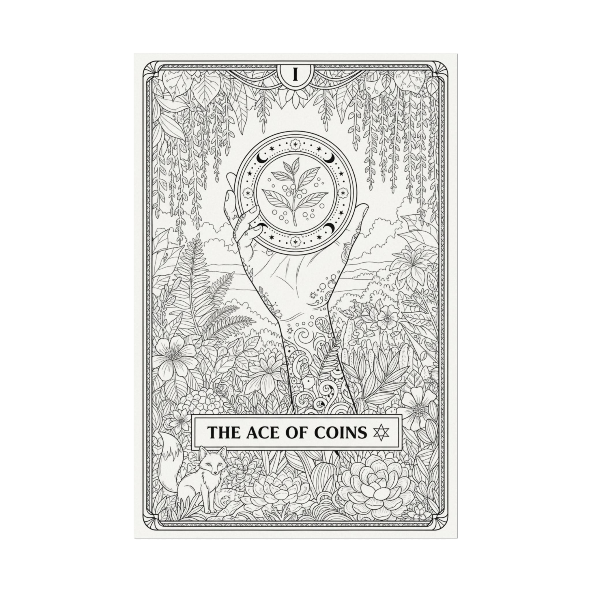 Ace of Coins Tarot Coloring Poster — Large Textured Watercolor Matte Wall Art (16x24, 24x36, 36x54)