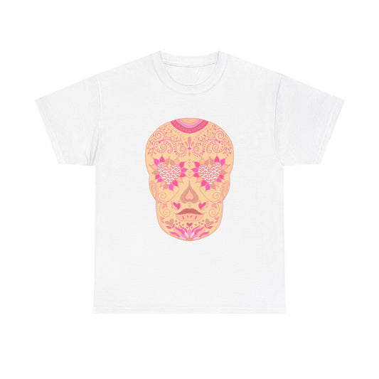Vibrant Sugar Skull in Pink Tee, Unisex Heavy Cotton Tee, Day of the Dead Shirt, Halloween Fashion, Boho Style Top, Colorful Graphic Tee