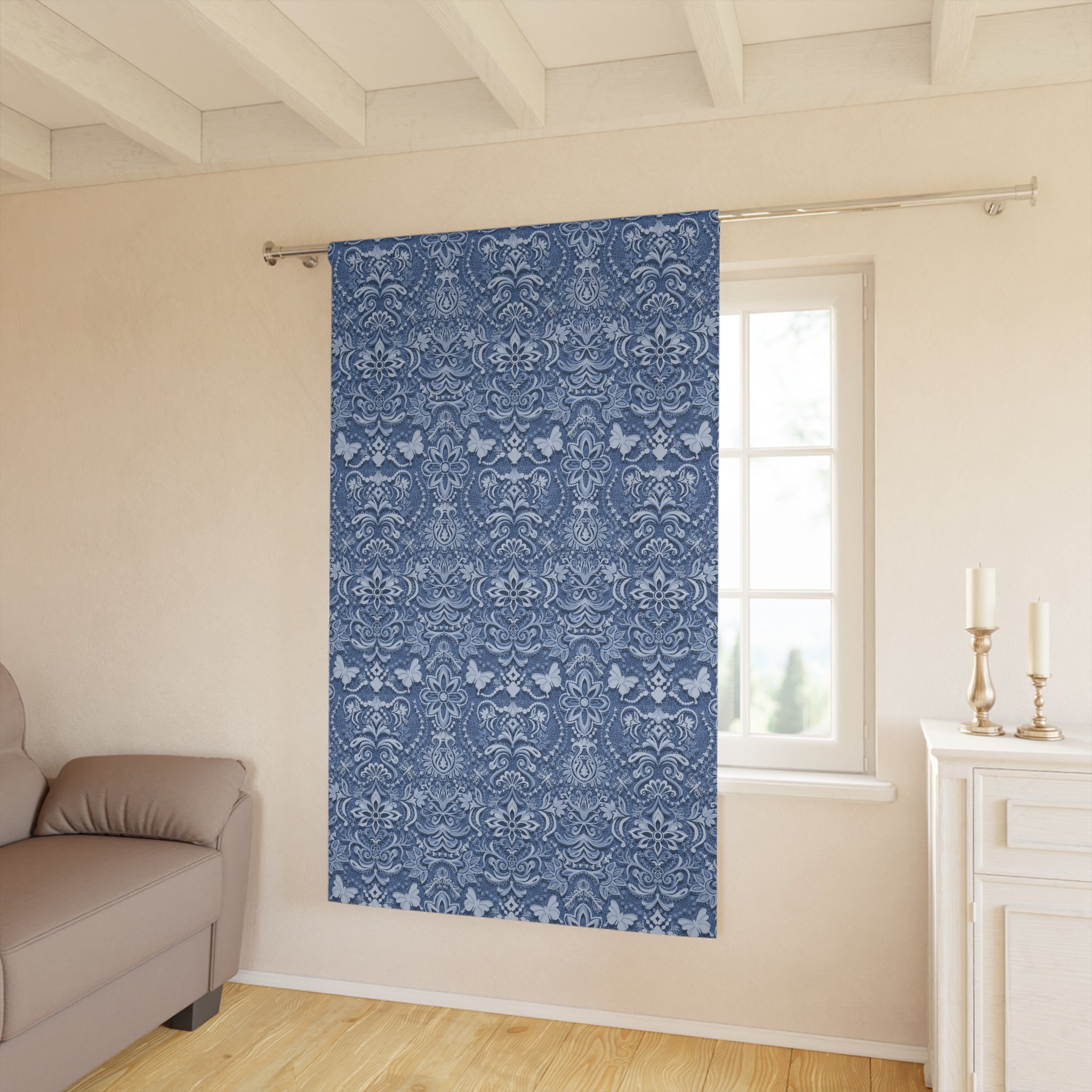 Vintage Brocade Blue Blackout Curtain – Floral Single Panel 50x84"