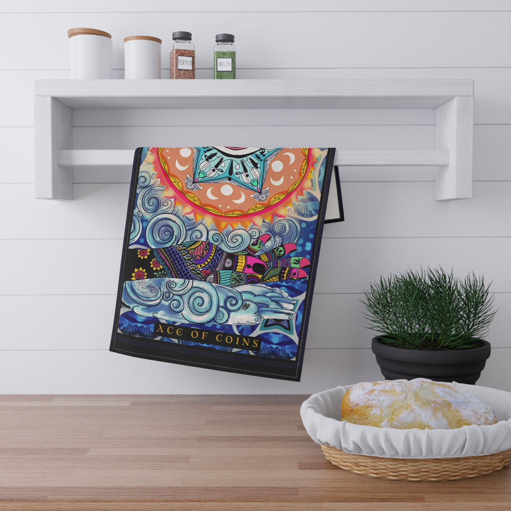 The Ace of Coins Tarot Card Kitchen Tea Towel — Design by Leah Quinn