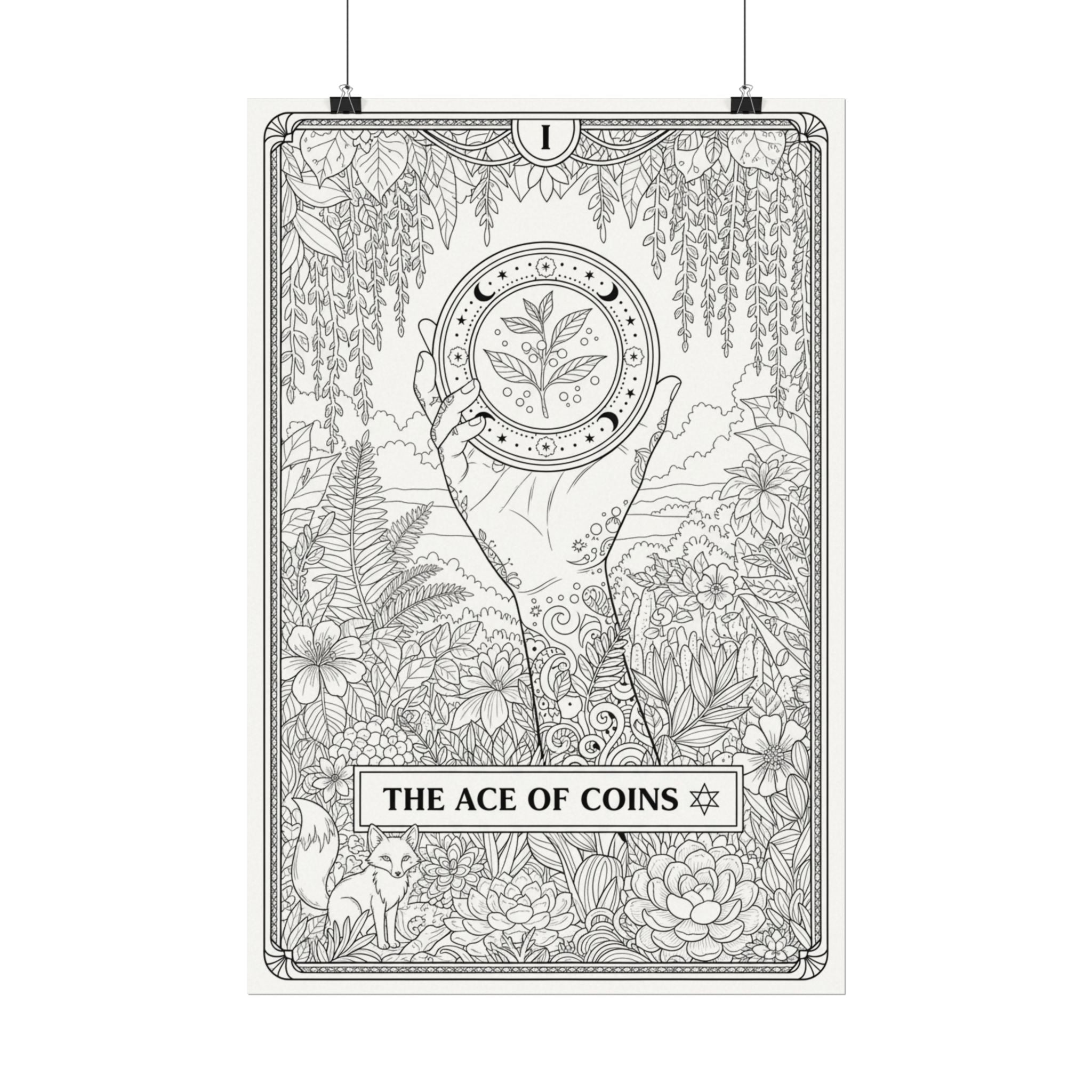 Ace of Coins Tarot Coloring Poster — Large Textured Watercolor Matte Wall Art (16x24, 24x36, 36x54)