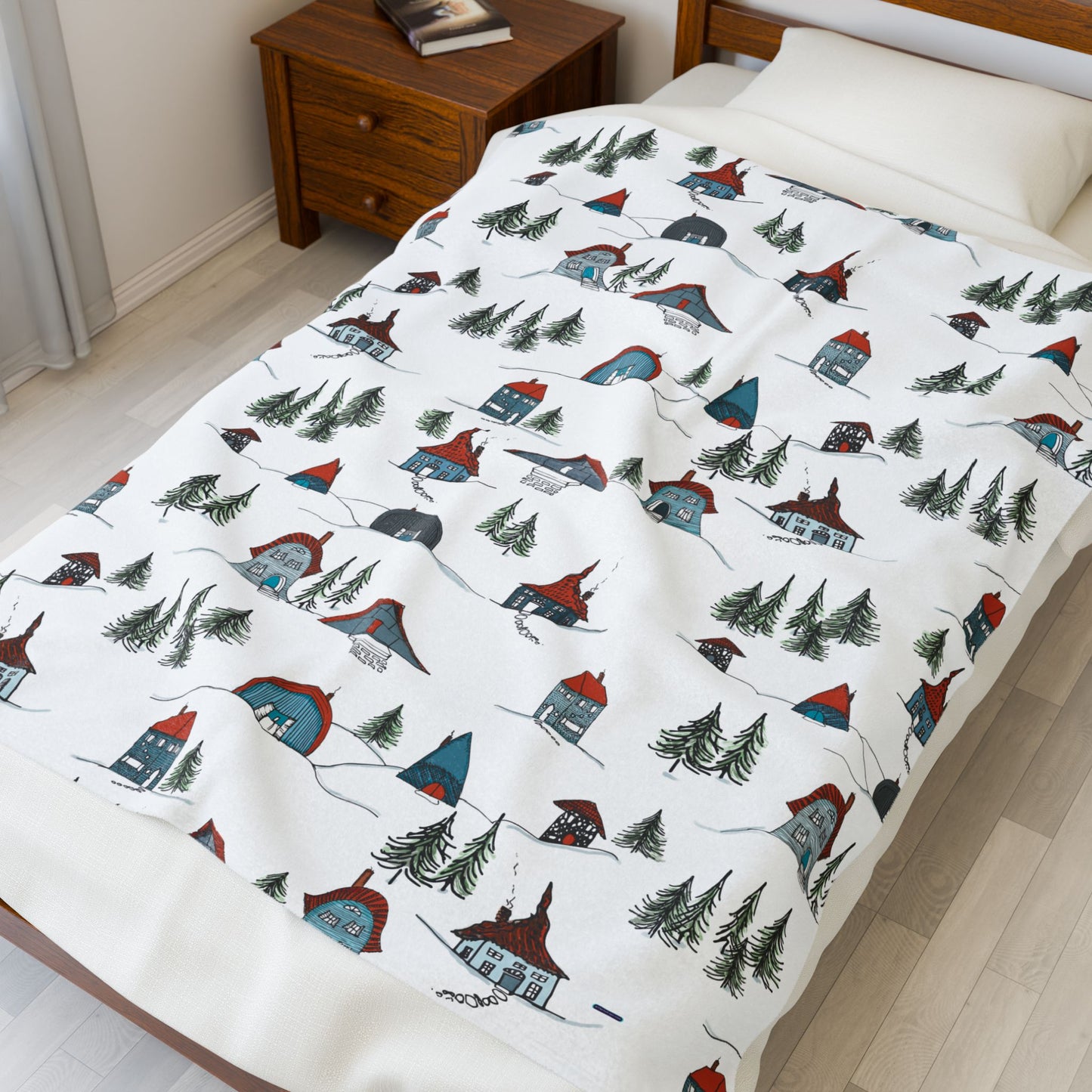 🏔️✨ Chalet Ski Cabins – Winter Wonderland Velveteen Plush Blanket