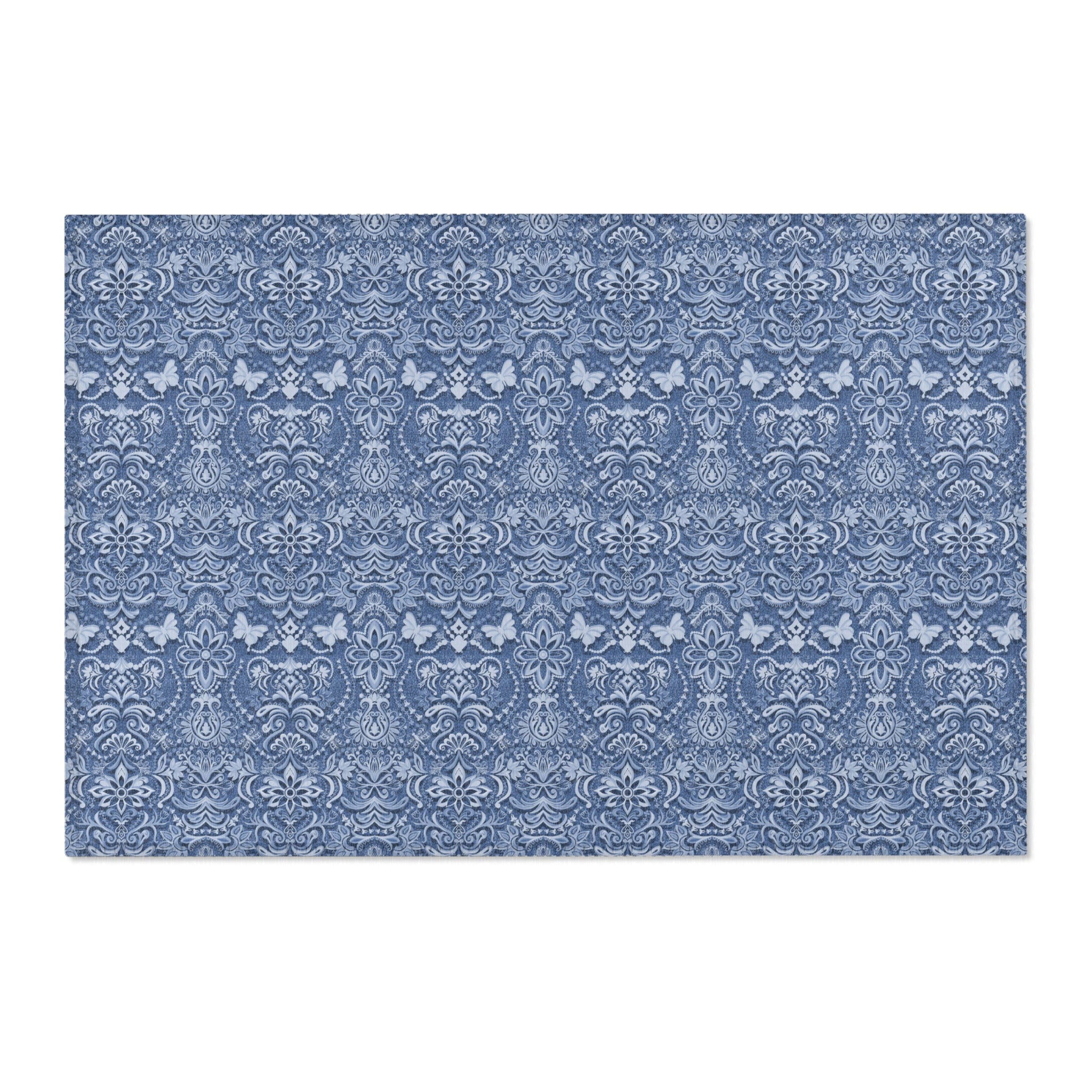 Vintage Brocade Blue Floral Butterfly Area Rug — Distressed Ornamental Accent Rug for Living Room & Bedroom