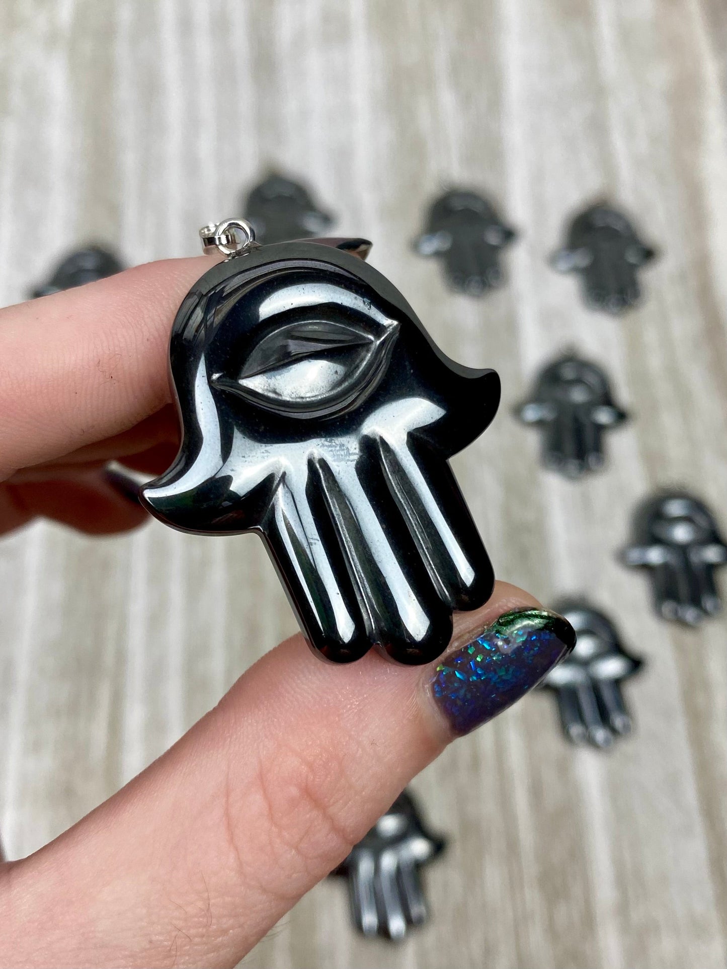 Hematite Hamsa Pendant