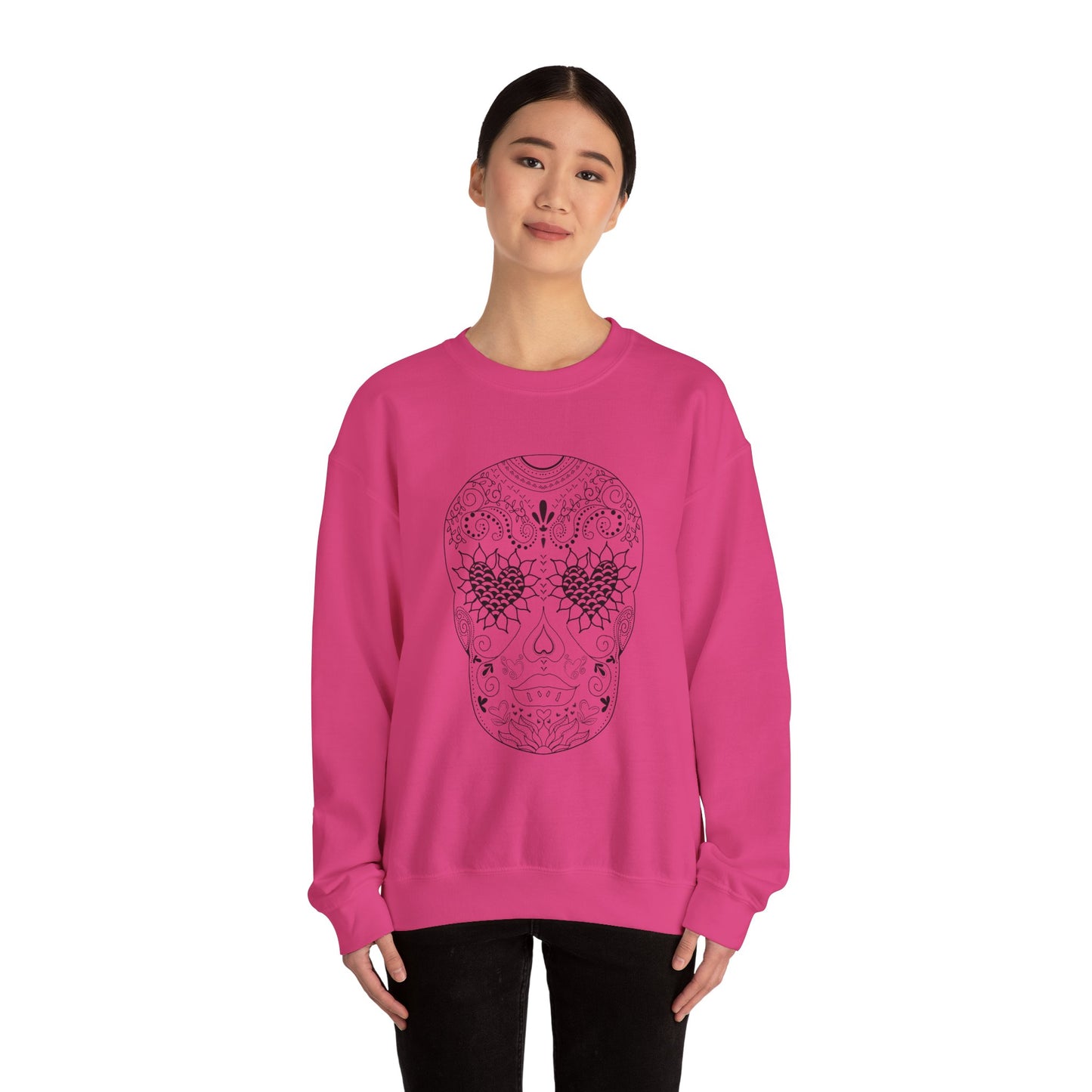 Skull Design Black line original art by Leah Quinn - Unisex Heavy Blend™ Crewneck Sweatshirt Sizes S-5X - Great gifts for the Season