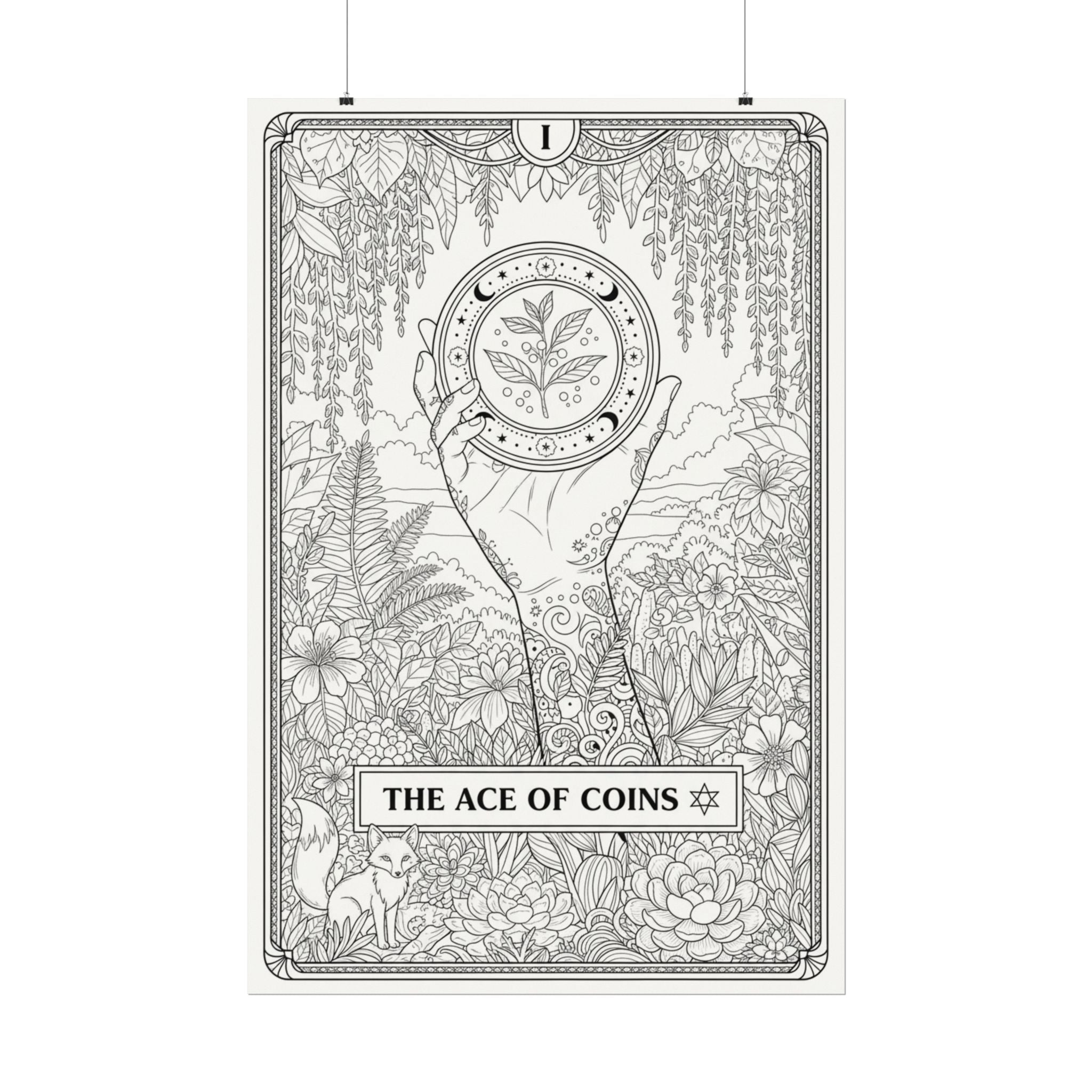 Ace of Coins Tarot Coloring Poster — Large Textured Watercolor Matte Wall Art (16x24, 24x36, 36x54)