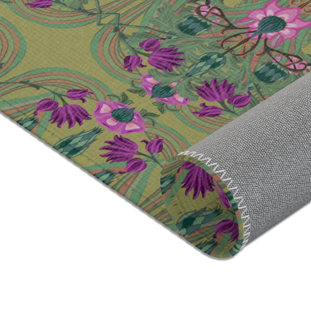 Boho Art Deco Moss & Purple Area Rug — Distressed Ornamental Accent Rug