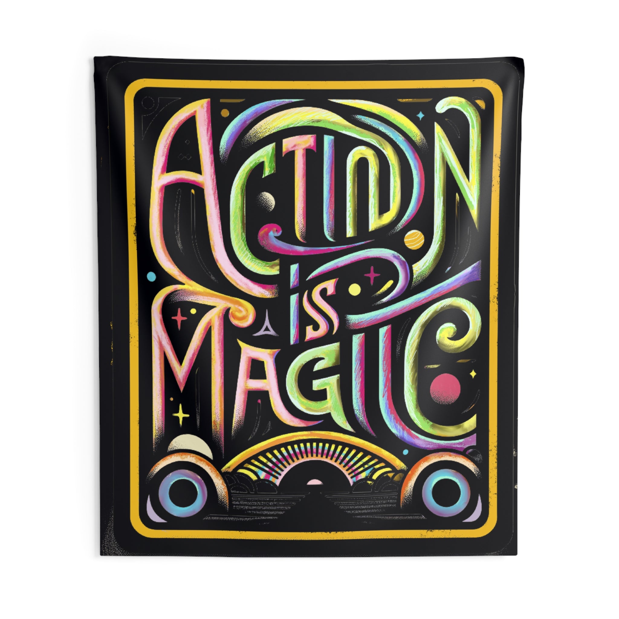 Action Is Magic Blacklight Wall Tapestry — Motivational Bedroom & Reading Nook Decor