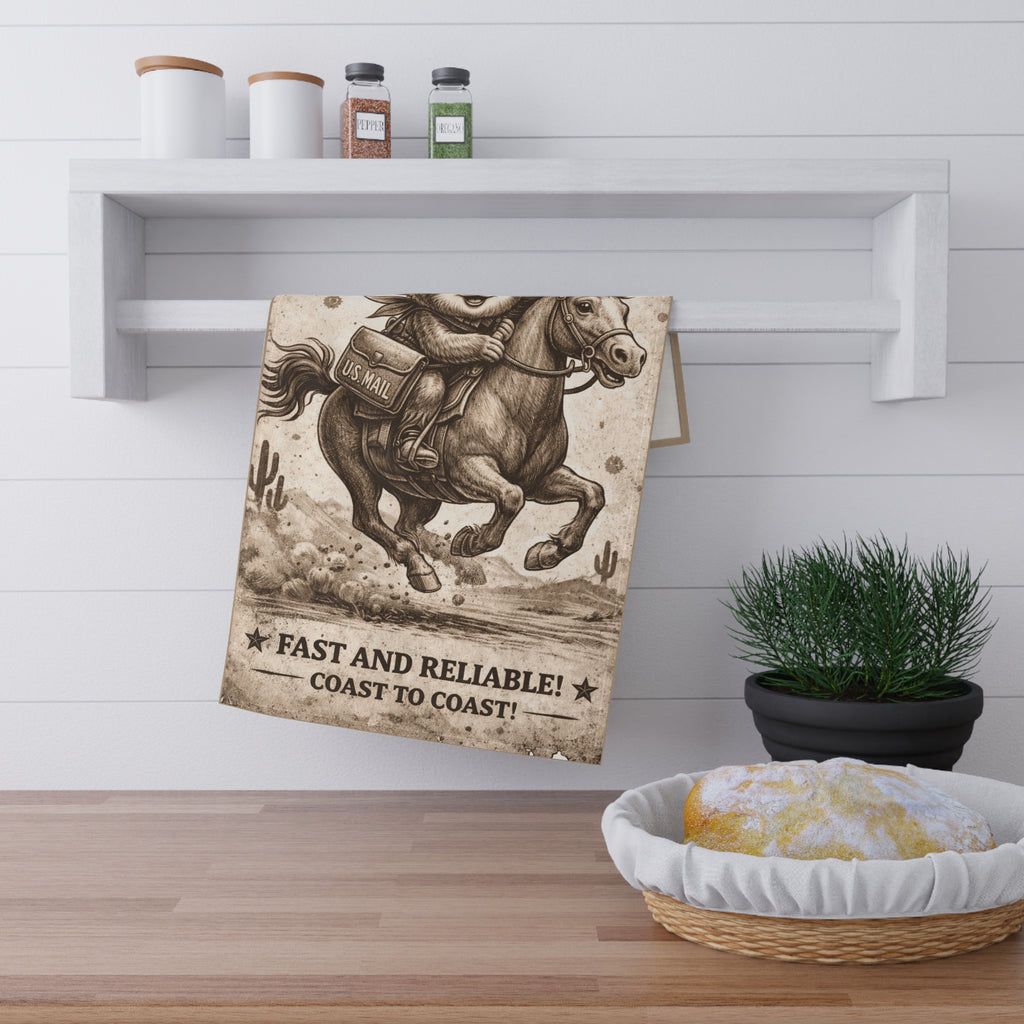 Retro Western Funny Sloth Pony Express Farmhouse Tea Towel — Design by Leah Quinn©