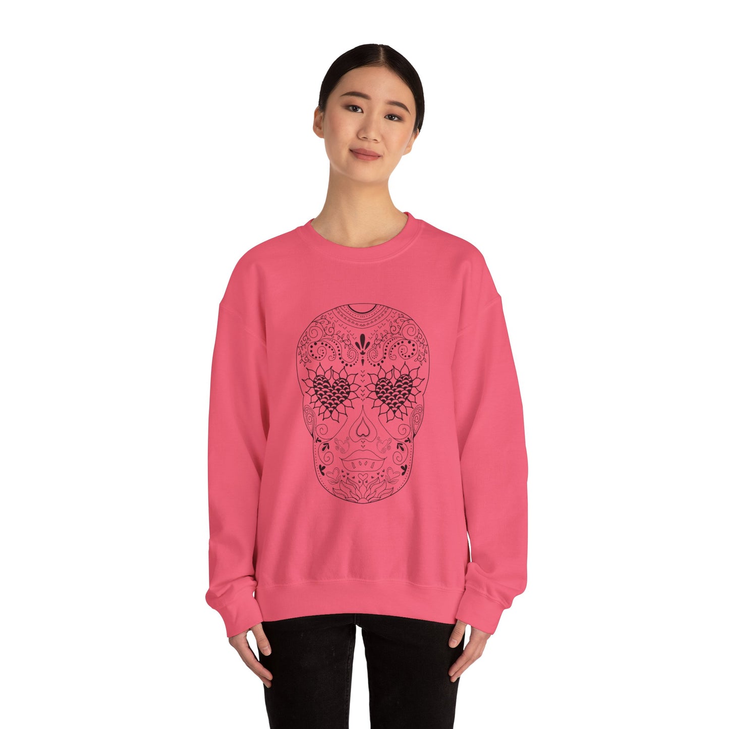 Skull Design Black line original art by Leah Quinn - Unisex Heavy Blend™ Crewneck Sweatshirt Sizes S-5X - Great gifts for the Season