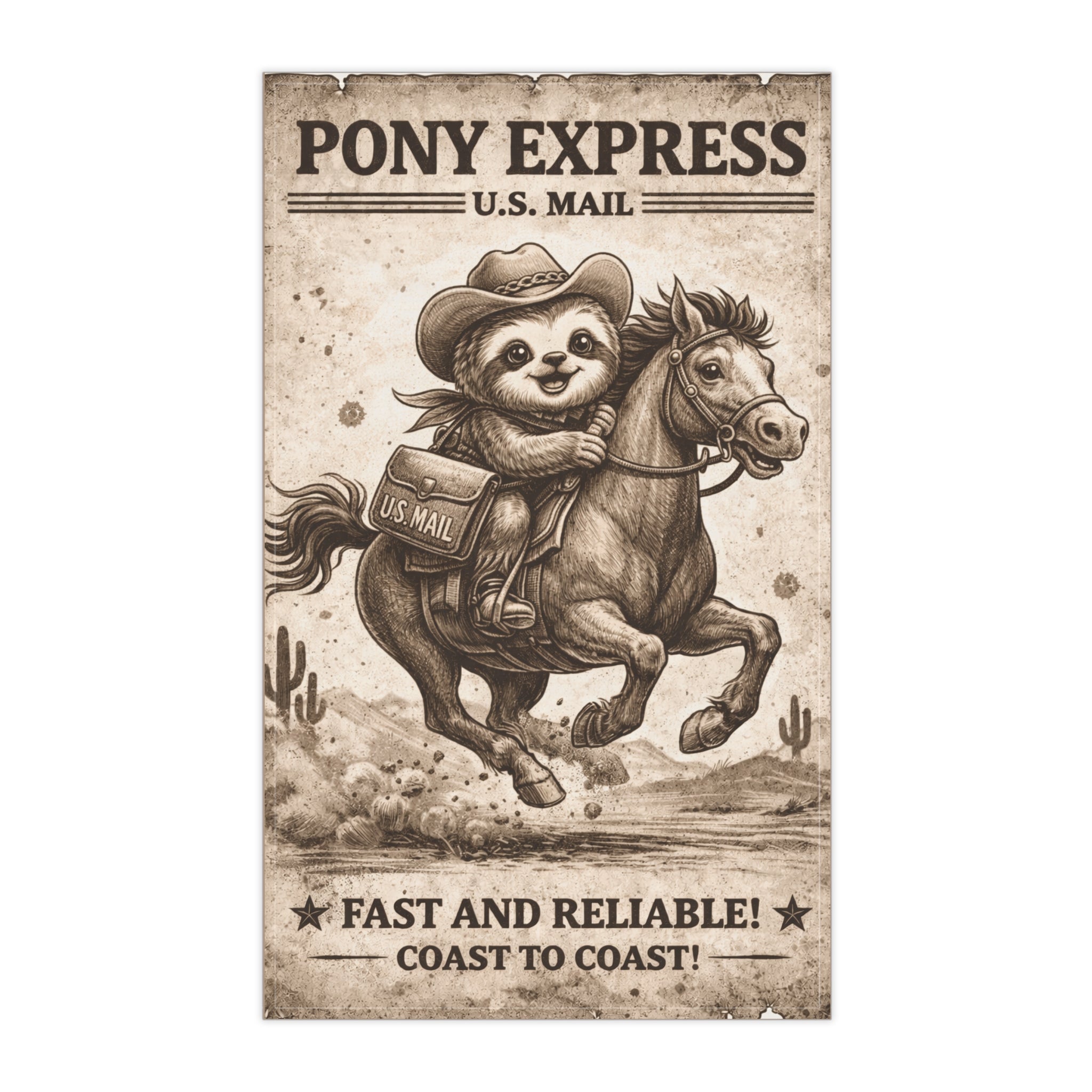 Retro Western Funny Sloth Pony Express Farmhouse Tea Towel — Design by Leah Quinn©