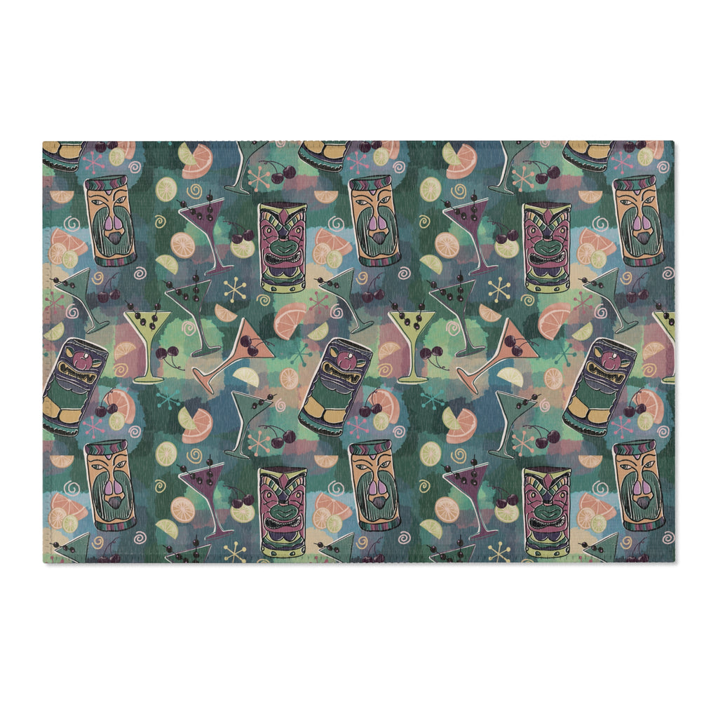 Kitschy Tiki in Pine Green Area Rug — Distressed Ornamental Accent Rug for Living Room, She-Sheds & Man Caves