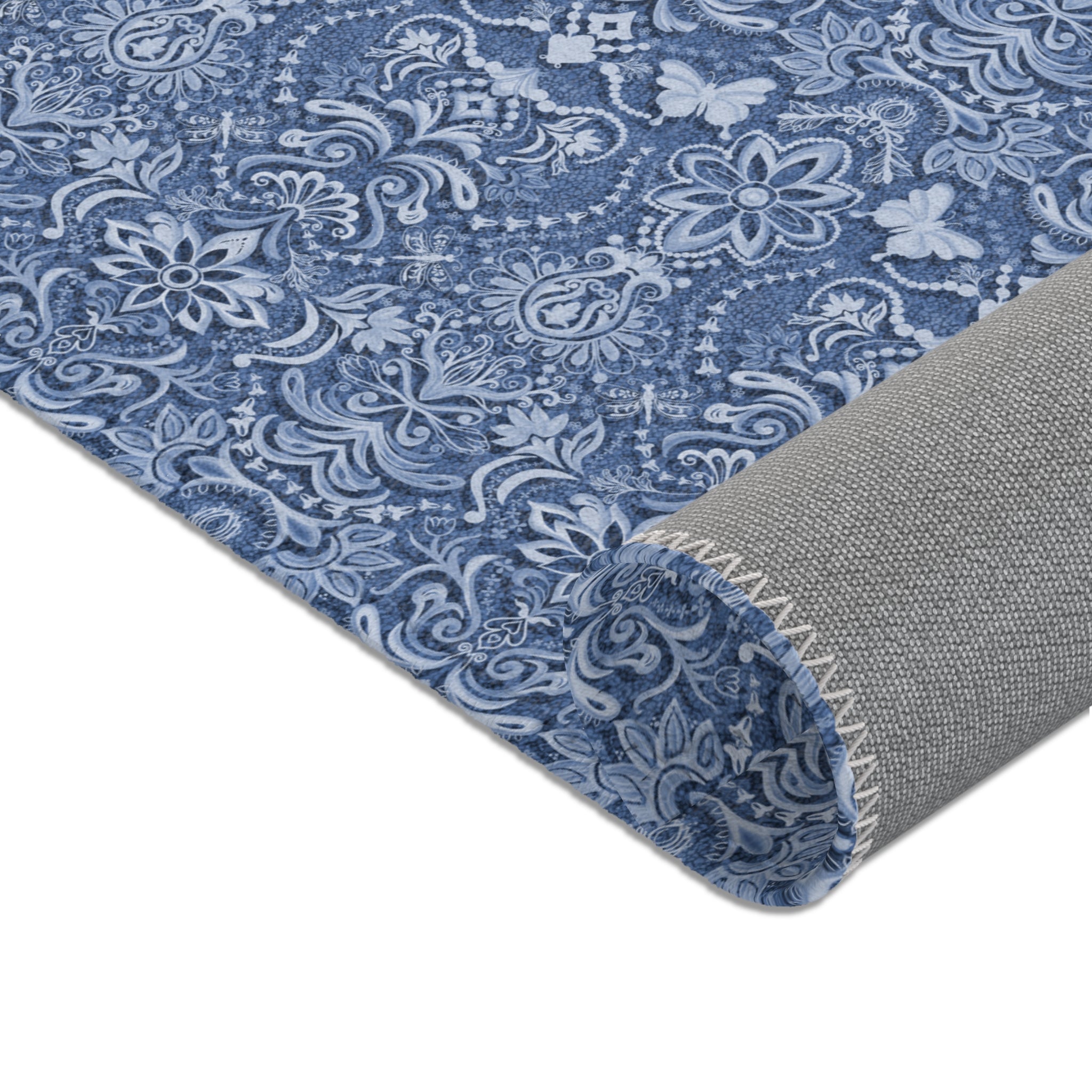 Vintage Brocade Blue Floral Butterfly Area Rug — Distressed Ornamental Accent Rug for Living Room & Bedroom