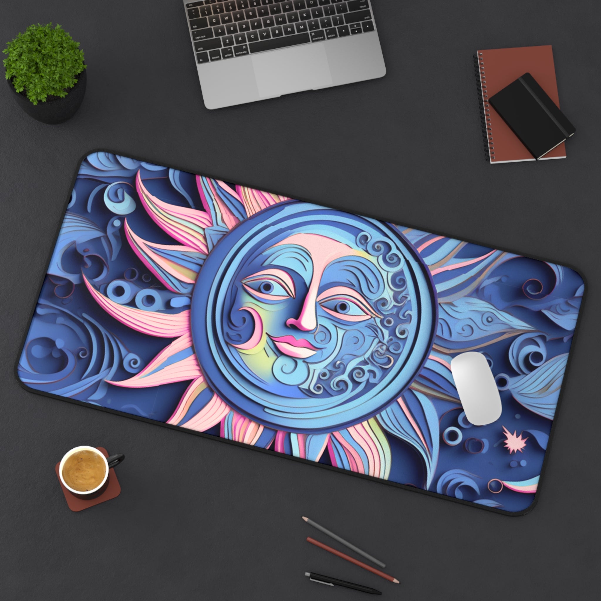 Boho Sun & Moon Sky Blues and Pink Desk Mat — Celestial Extra Large Mouse Pad-Desk Mat
