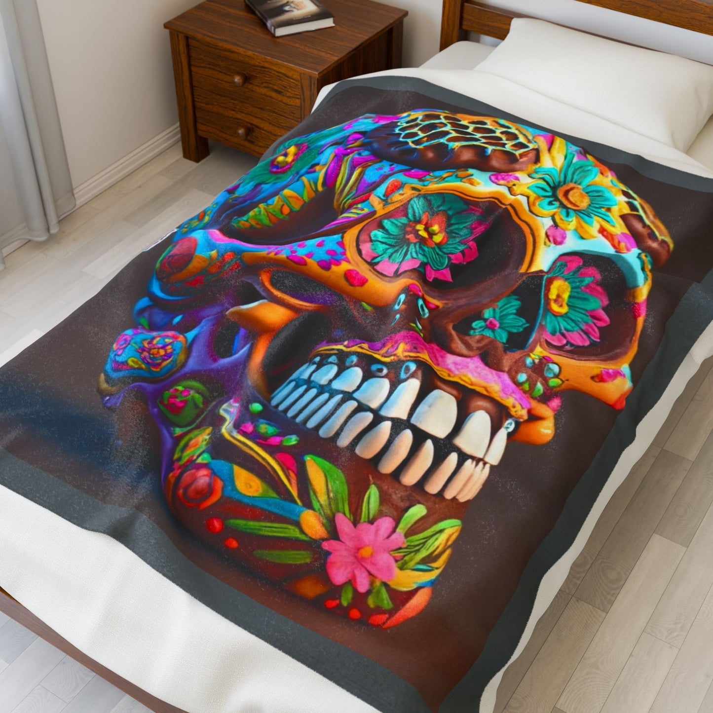 Colorful Sugar Skull Velveteen Plush Blanket — Day of the Dead Decor & Cozy Throw