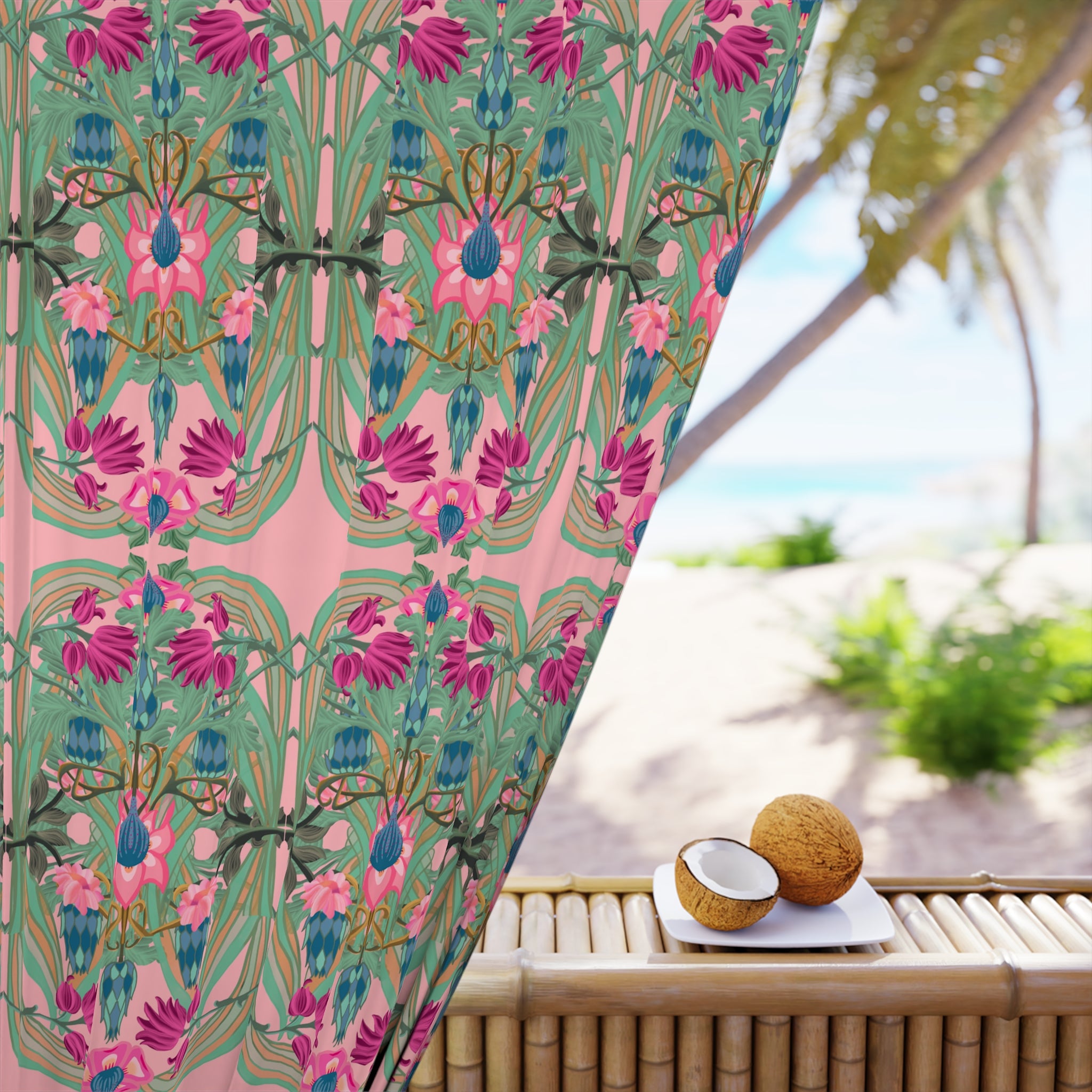 Boho Art Deco Floral Blackout Curtain — Antique Pink & Sage (50×84", Single Panel)