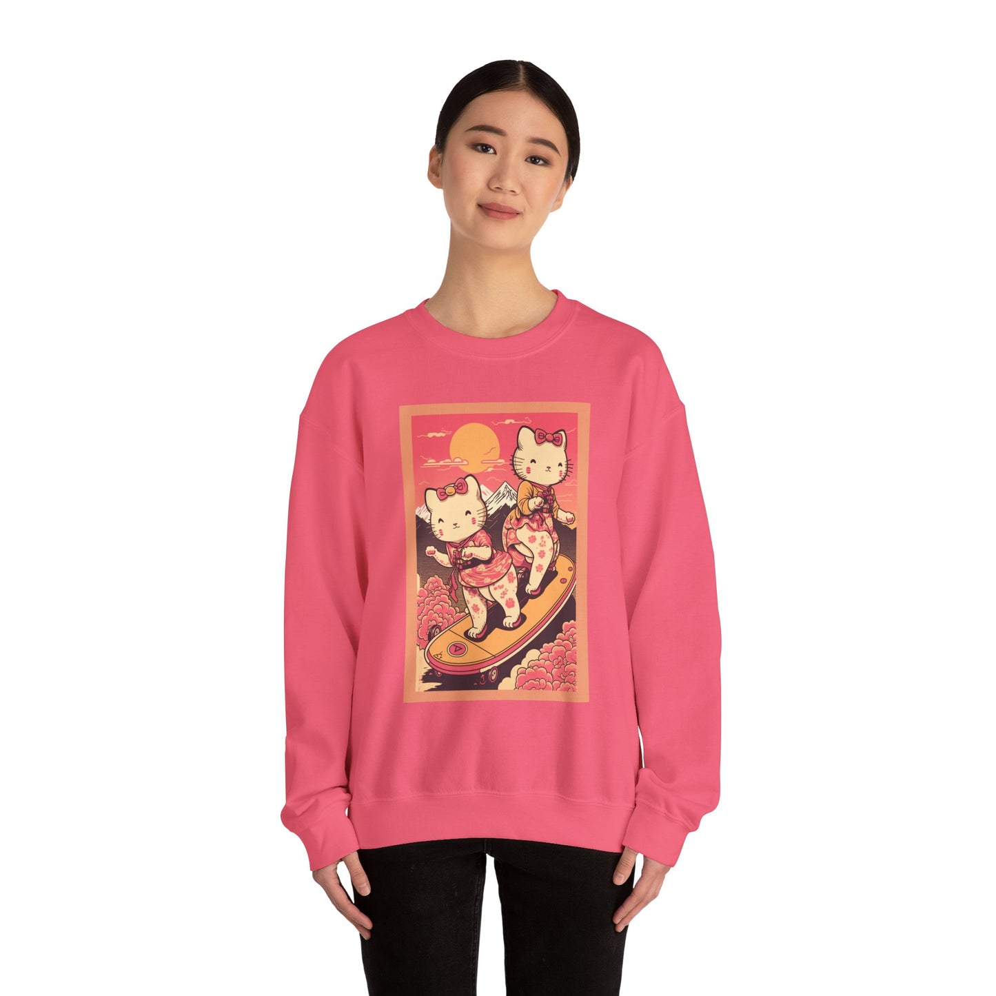 Cute Kittens Skateboarding Design Sizes Small-5X Unisex Heavy Blend™ Crewneck Sweatshirt Great Gifts for Cat Lovers, Women, Teens