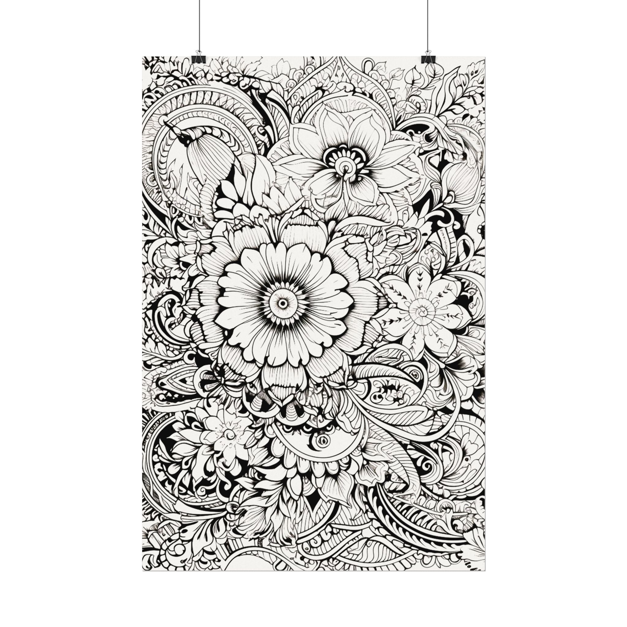Boho Flower Number 6 Jumbo Coloring Poster — Textured Watercolor Matte Print 36x48 inch/ 20x30 inch