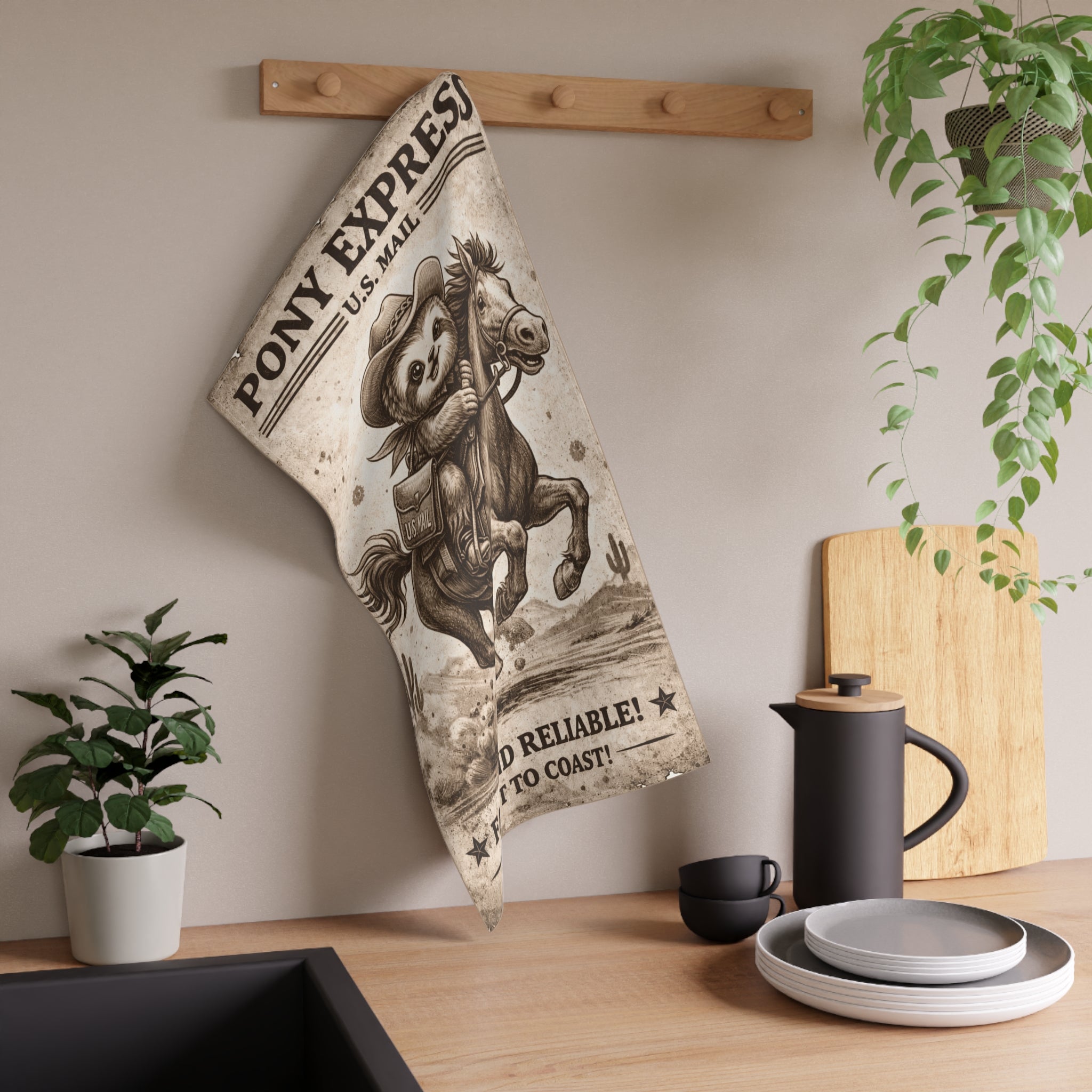 Retro Western Funny Sloth Pony Express Farmhouse Tea Towel — Design by Leah Quinn©