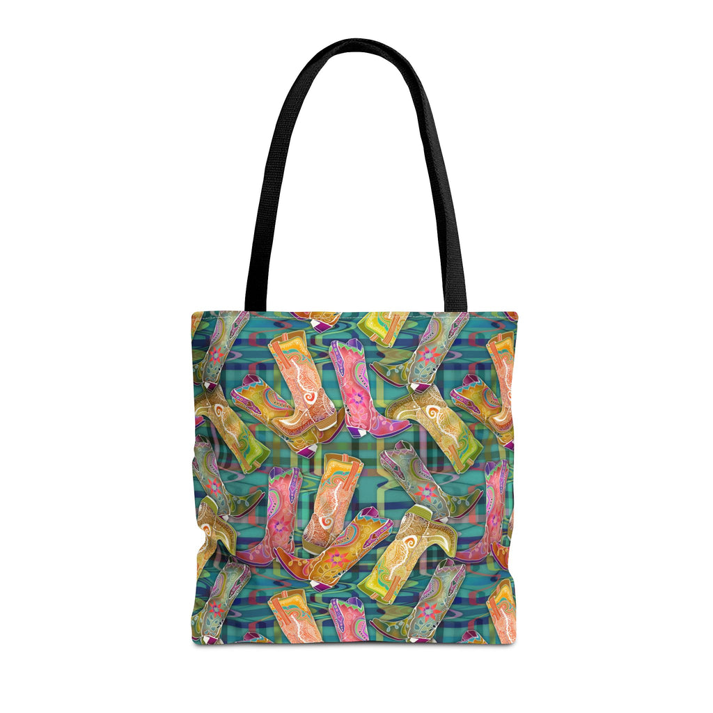 Lets Go Glamping Cowgirl Boots Boho Tote Bag — Green Multicolor All-Over Print