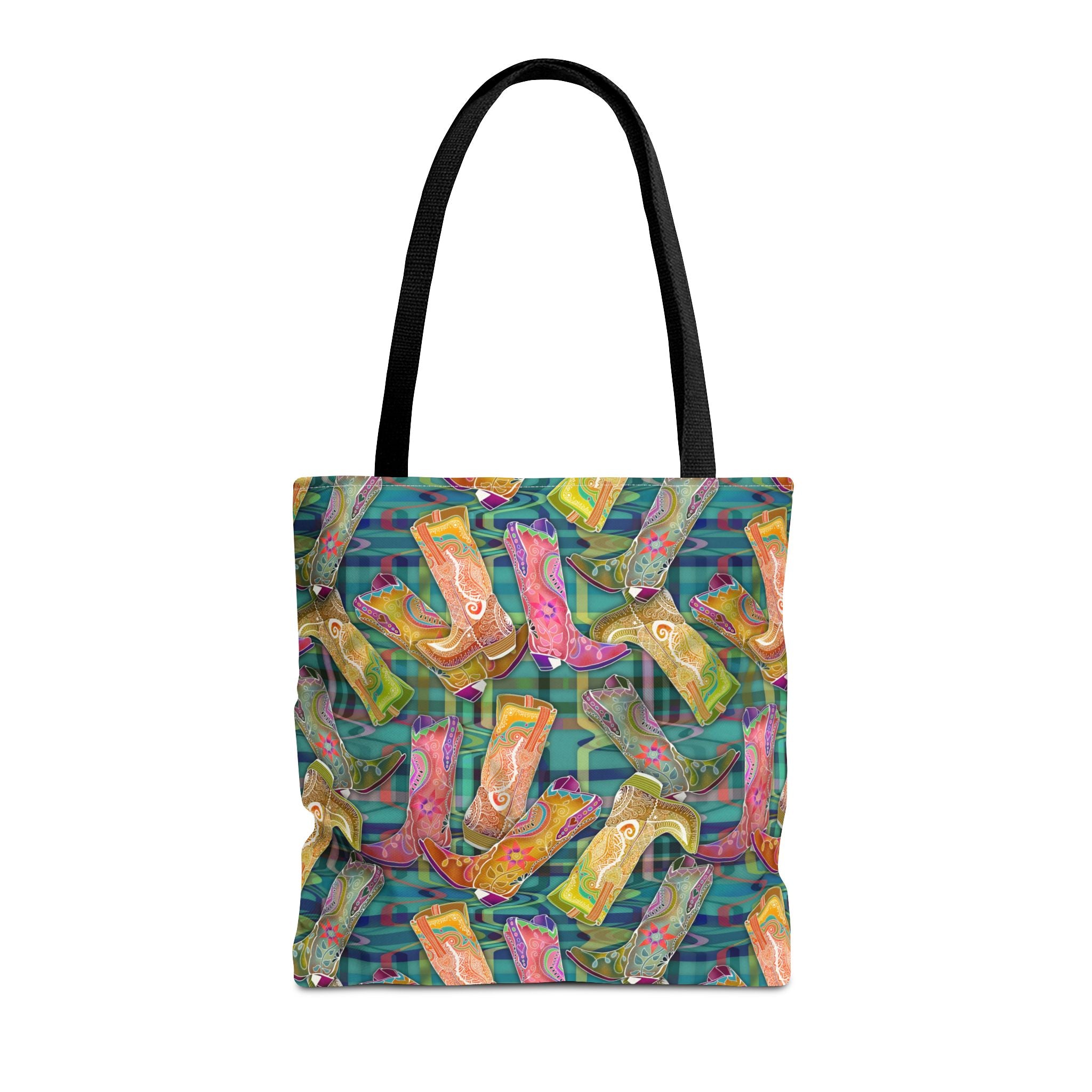 Lets Go Glamping Cowgirl Boots Boho Tote Bag — Green Multicolor All-Over Print
