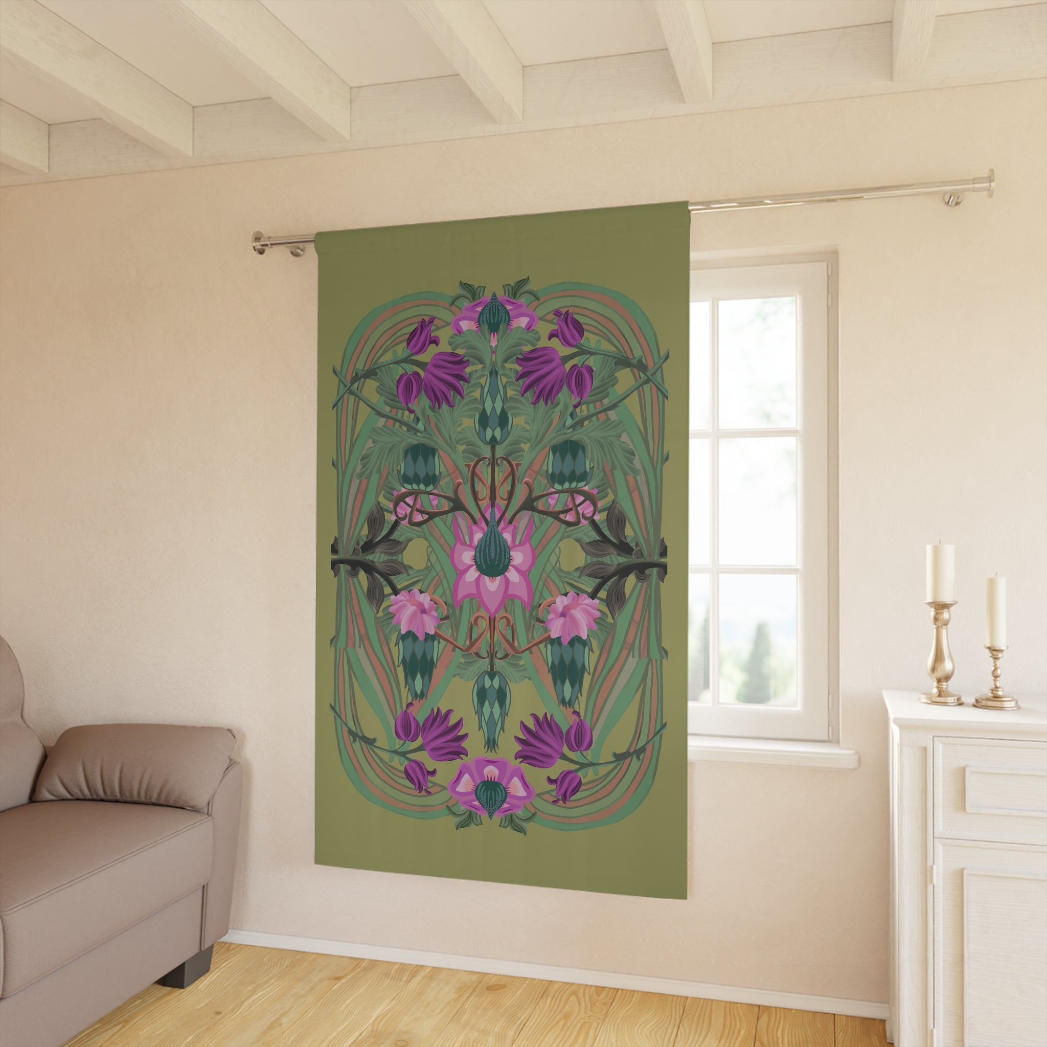 Boho Art Deco Olive Floral Blackout Curtain — Single 50x84" Panel