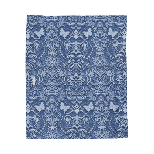 💙✨ Modern Boho Brocade – Victorian Blues Velveteen Plush Blanket & Cozy Throw