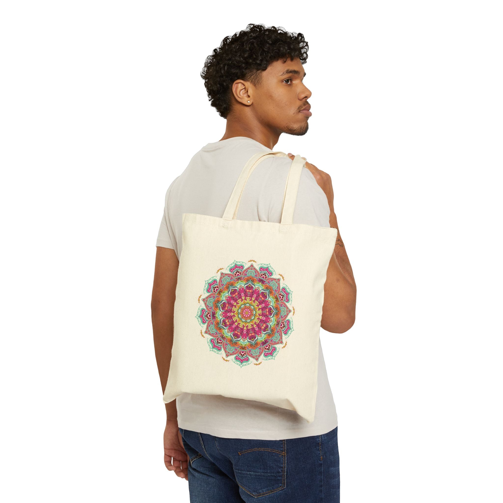 Turquoise & Pink Mandala Cotton Canvas Tote Bag — Vibrant Floral Shopper
