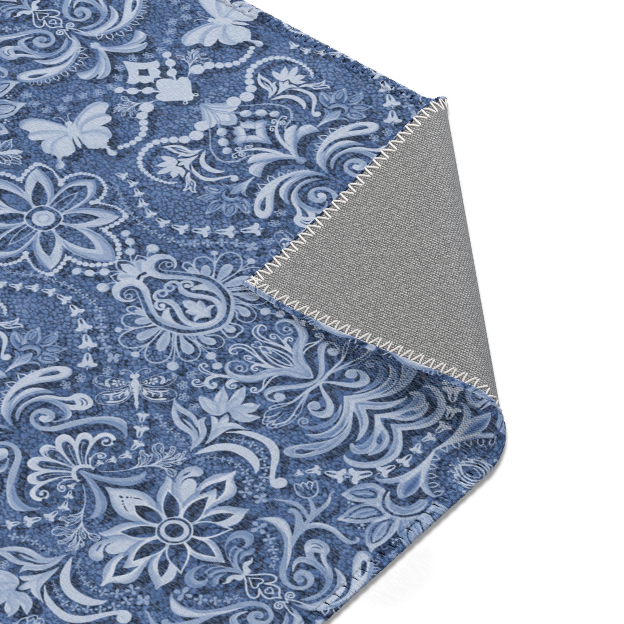 Vintage Brocade Blue Floral Butterfly Area Rug — Distressed Ornamental Accent Rug for Living Room & Bedroom