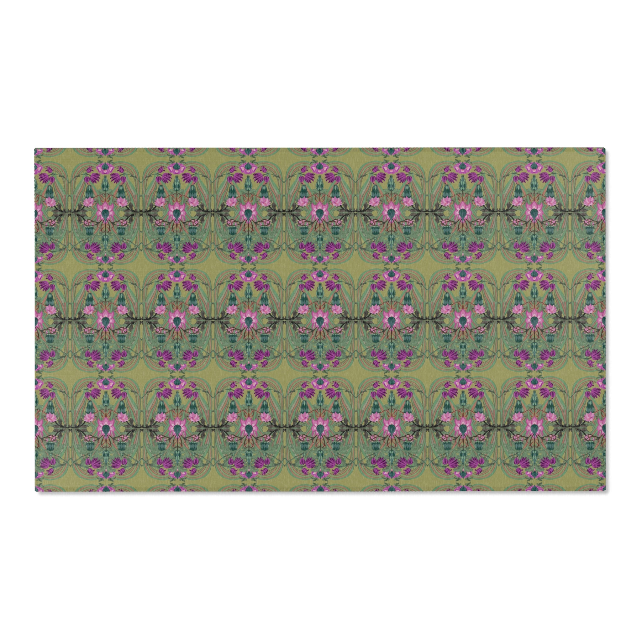 Boho Art Deco Moss & Purple Area Rug — Distressed Ornamental Accent Rug
