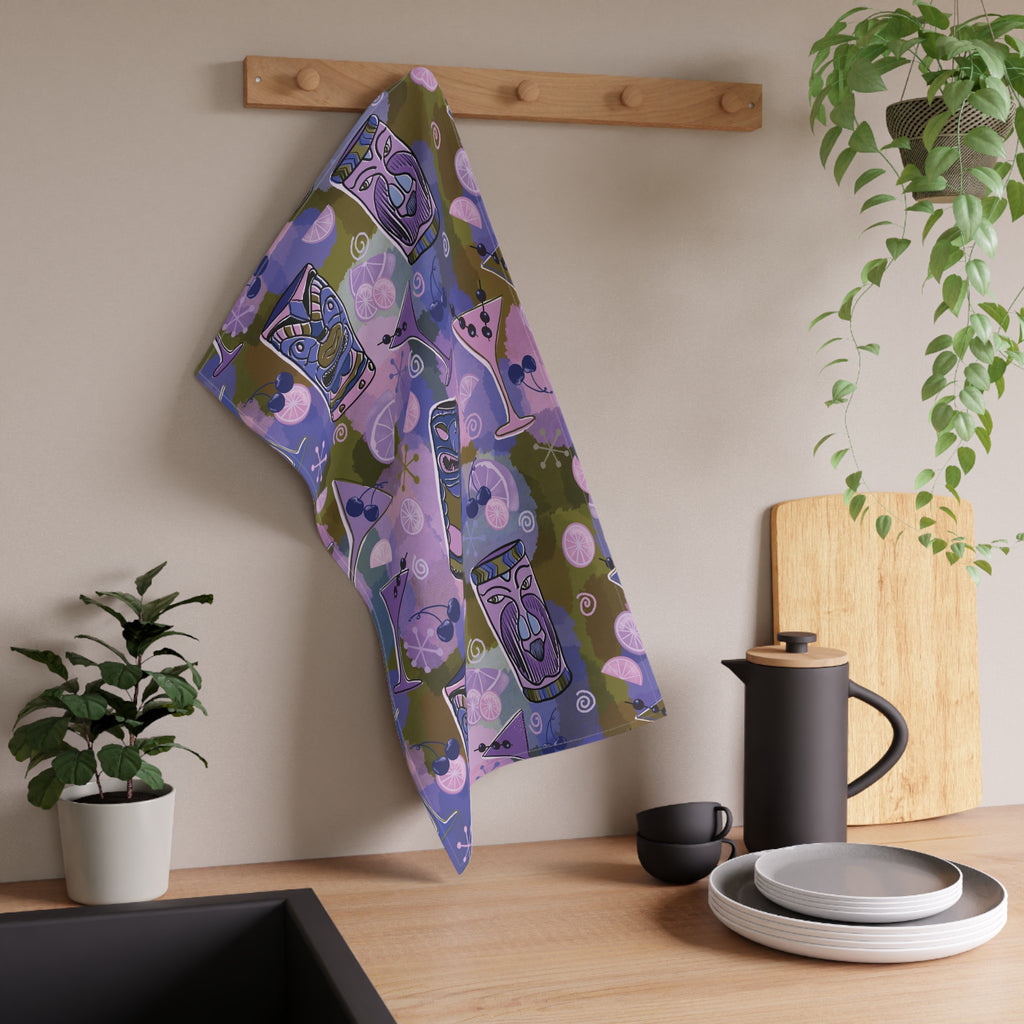 Kitschy Tiki Bar Tea Towel — Mid-Century in Grape and Sage Kitchen Dish Towel