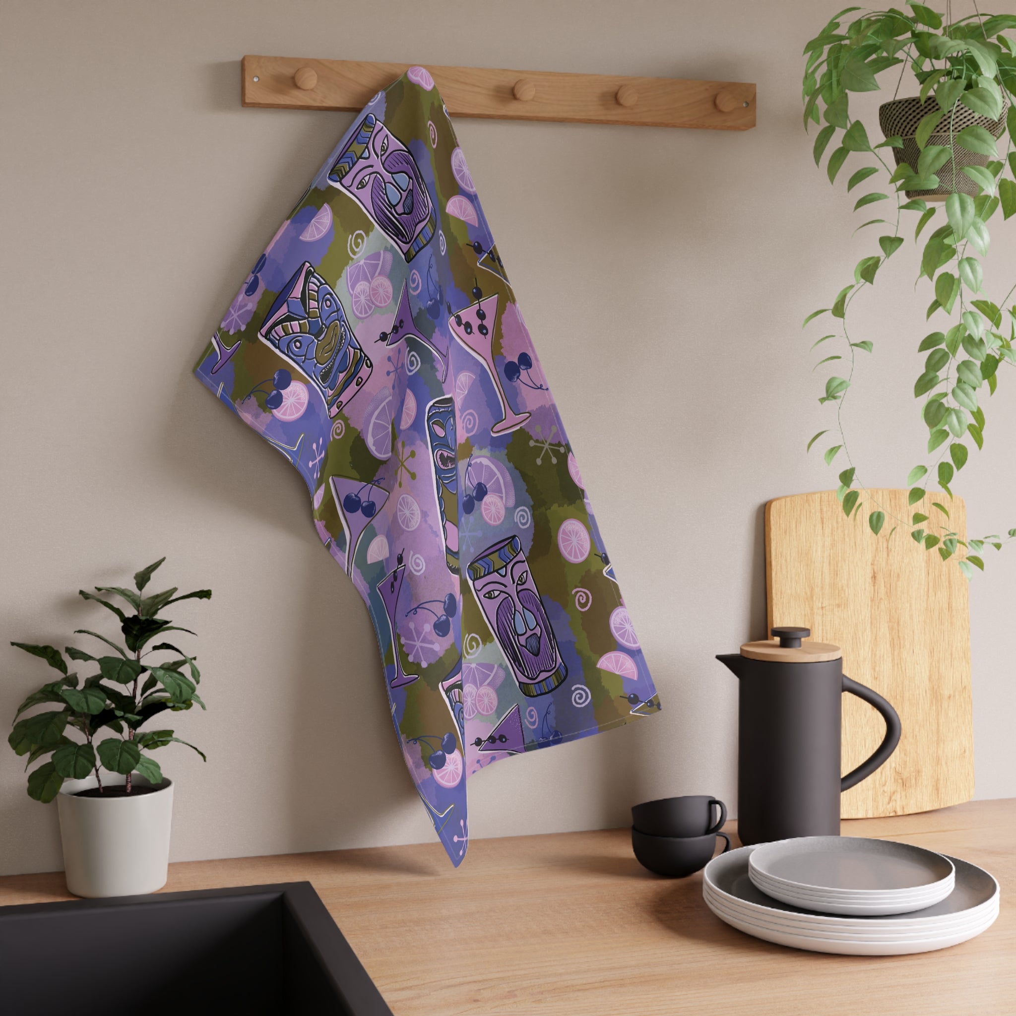 Kitschy Tiki Bar Tea Towel — Mid-Century in Grape and Sage Kitchen Dish Towel