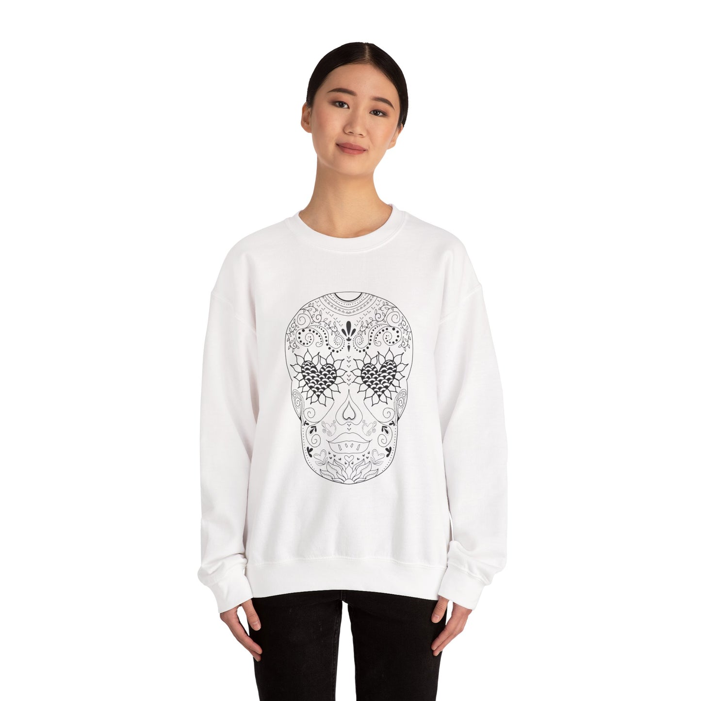 Skull Design Black line original art by Leah Quinn - Unisex Heavy Blend™ Crewneck Sweatshirt Sizes S-5X - Great gifts for the Season