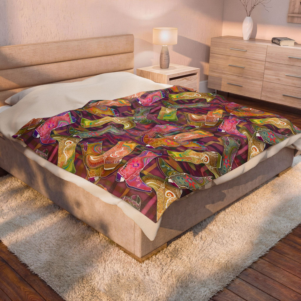 Lets Go Glamping Velveteen Plush Blanket — Multicolor Cowgirl Boots Boho Throw