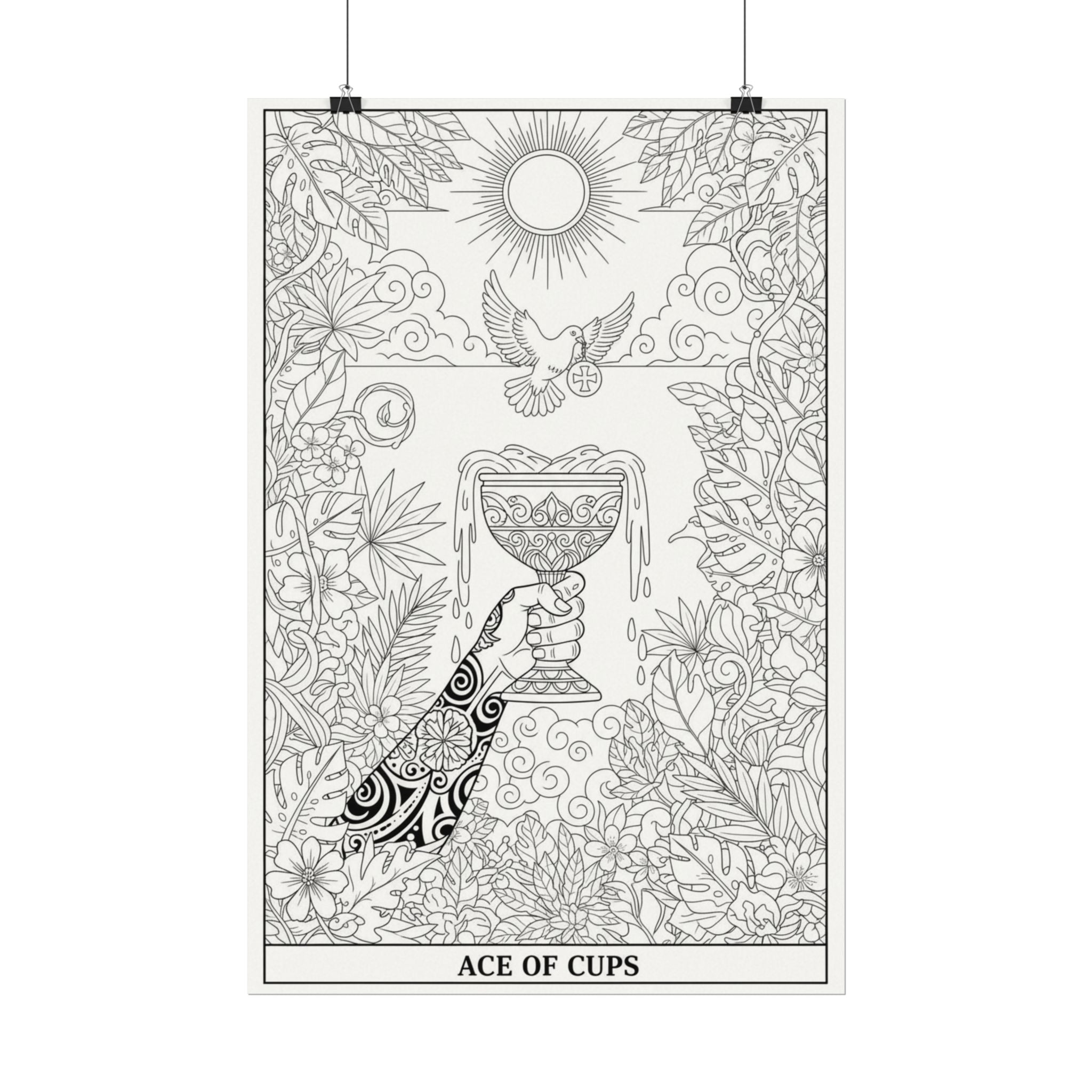 Ace of Cups Tarot Coloring Poster — Large Textured Watercolor Matte Wall Art (16x24, 24x36, 36x54)