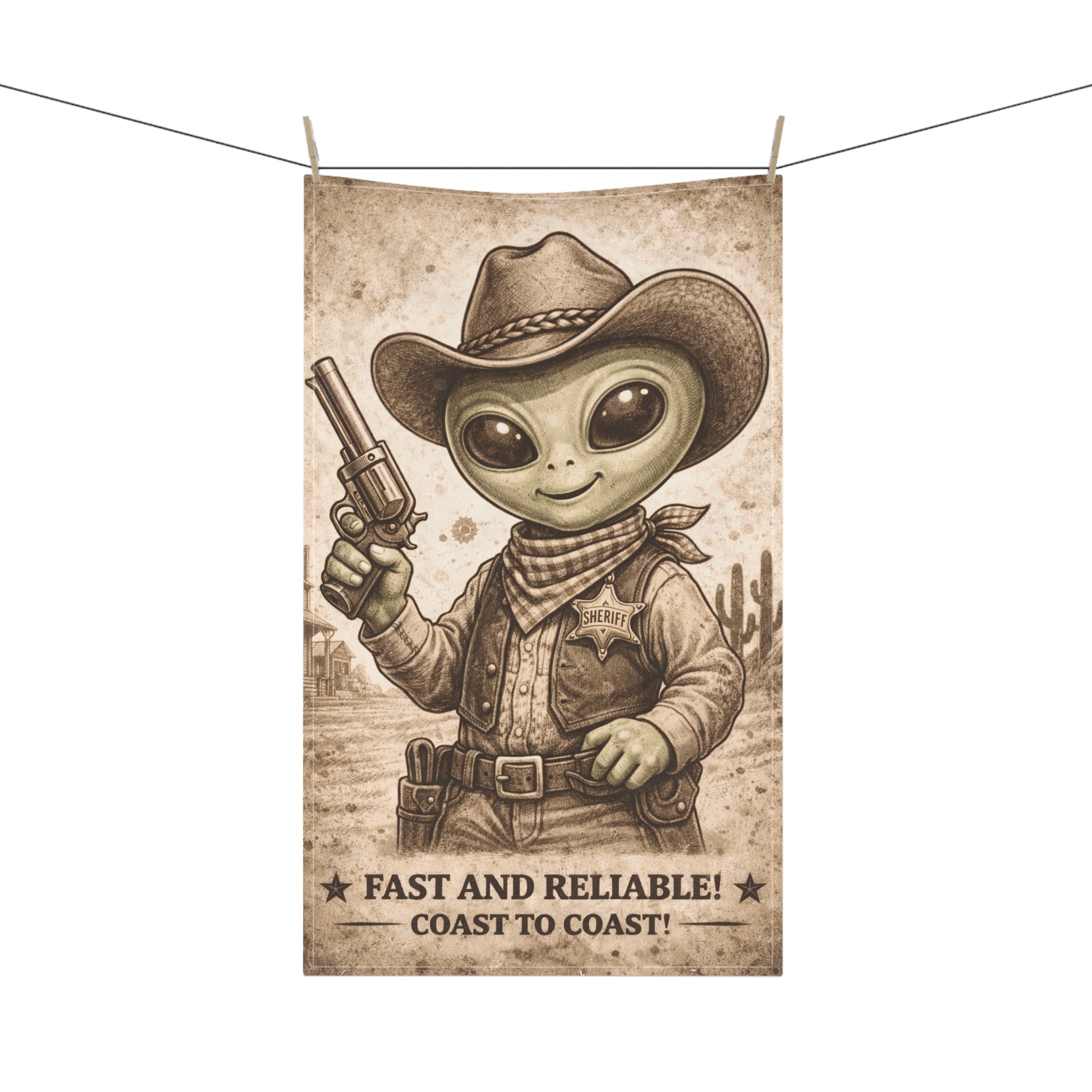 Retro Western Funny Area 51 Alien Sheriff Farmhouse Tea Towel — Design by Leah Quinn©