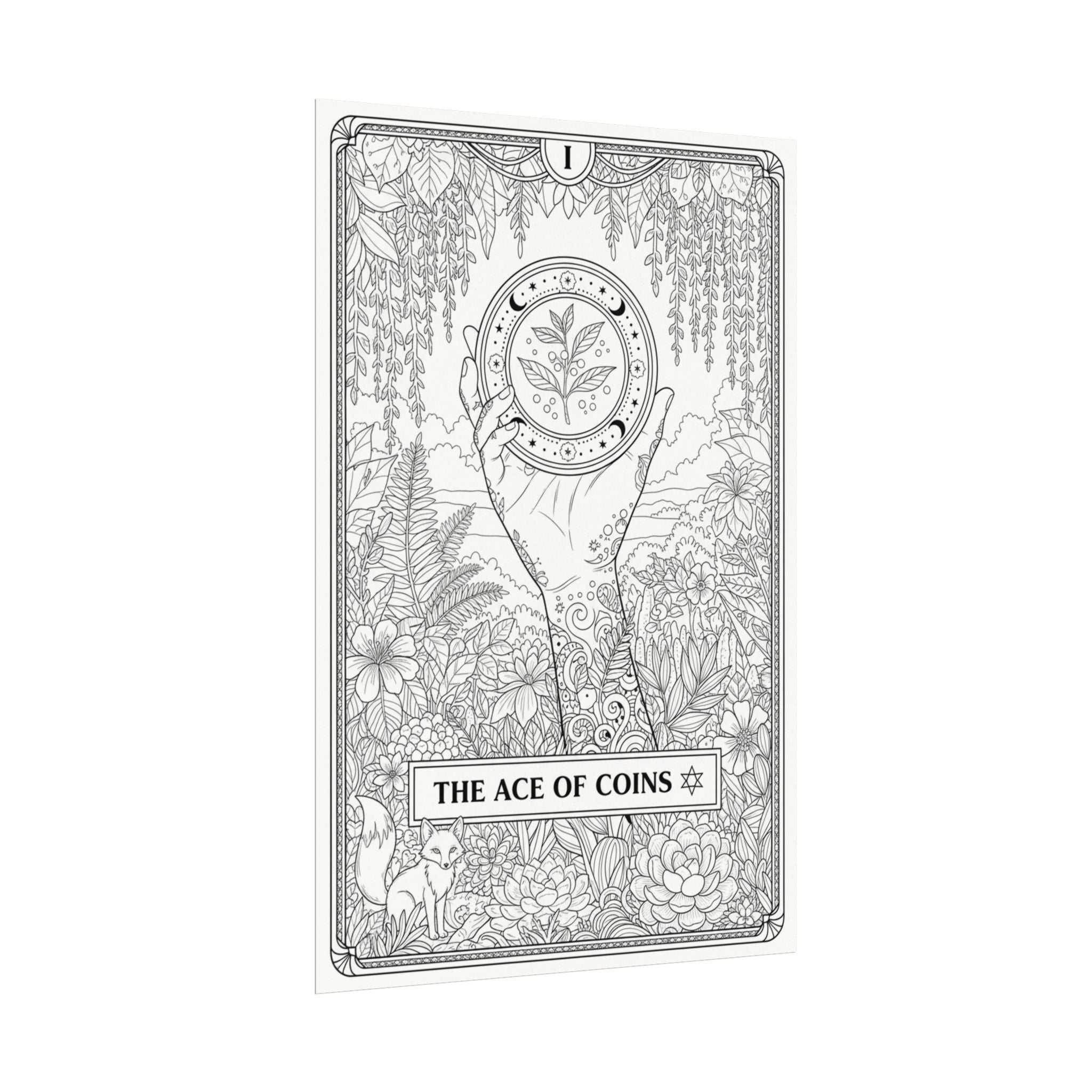 Ace of Coins Tarot Coloring Poster — Large Textured Watercolor Matte Wall Art (16x24, 24x36, 36x54)